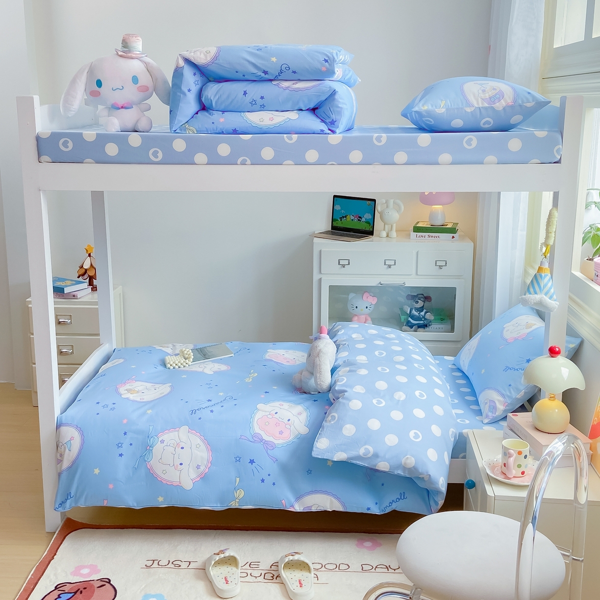 91家纺网 家纺一手货源 找家纺 博雅 2025春夏新款三丽鸥全棉纯棉卡通学生宿舍三件套上下铺三件套-小版 蓝色玉桂狗