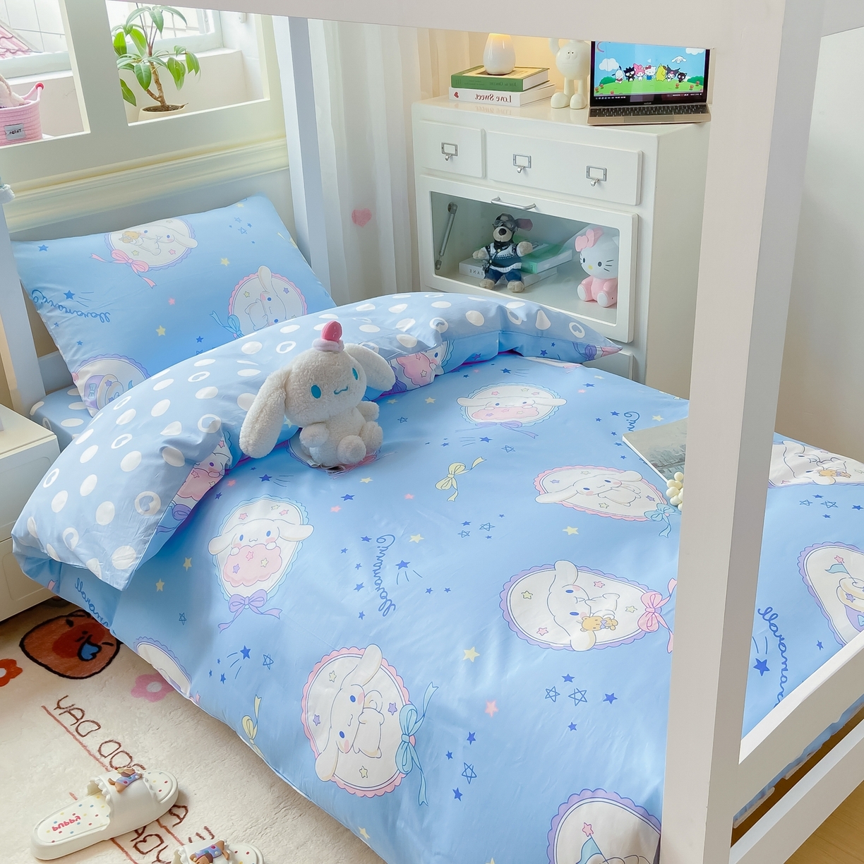 91家纺网 家纺一手货源 找家纺 博雅 2025春夏新款三丽鸥全棉纯棉卡通学生宿舍三件套上下铺三件套-小版 蓝色玉桂狗