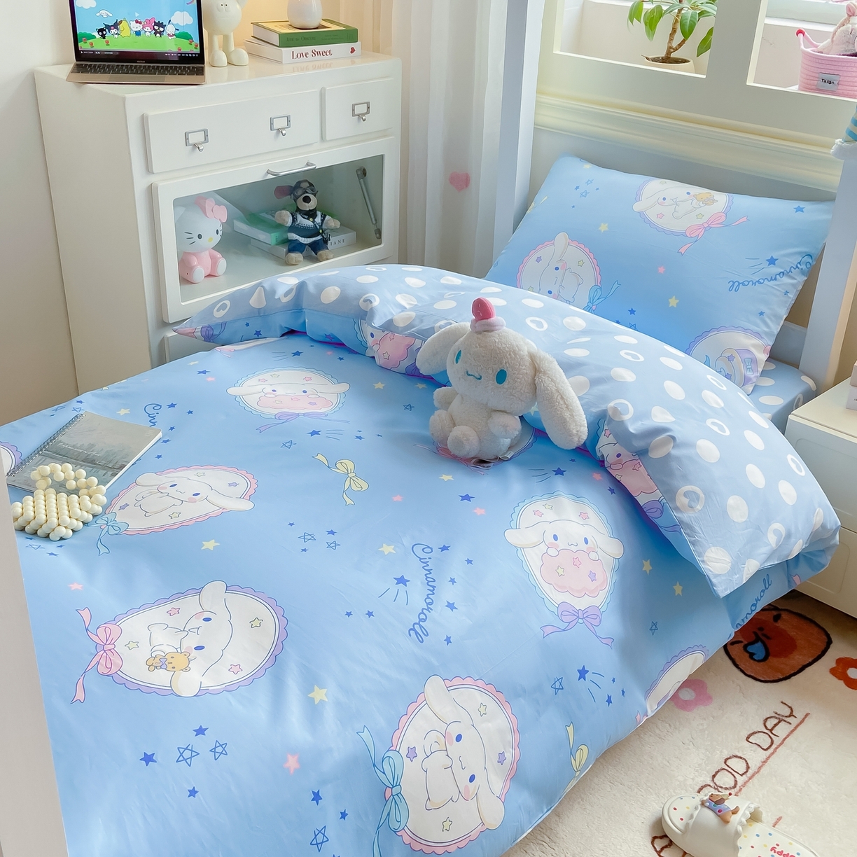 91家纺网 家纺一手货源 找家纺 博雅 2025春夏新款三丽鸥全棉纯棉卡通学生宿舍三件套上下铺三件套-小版 蓝色玉桂狗