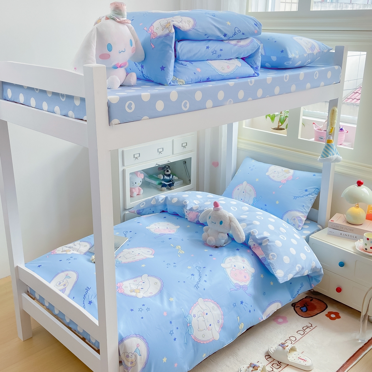 91家纺网 家纺一手货源 找家纺 博雅 2025春夏新款三丽鸥全棉纯棉卡通学生宿舍三件套上下铺三件套-小版 蓝色玉桂狗