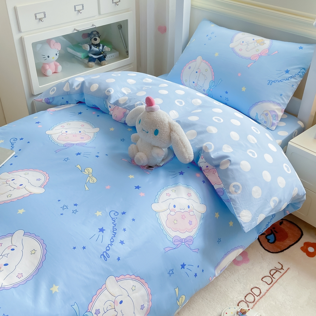 91家纺网 家纺一手货源 找家纺 博雅 2025春夏新款三丽鸥全棉纯棉卡通学生宿舍三件套上下铺三件套-小版 蓝色玉桂狗