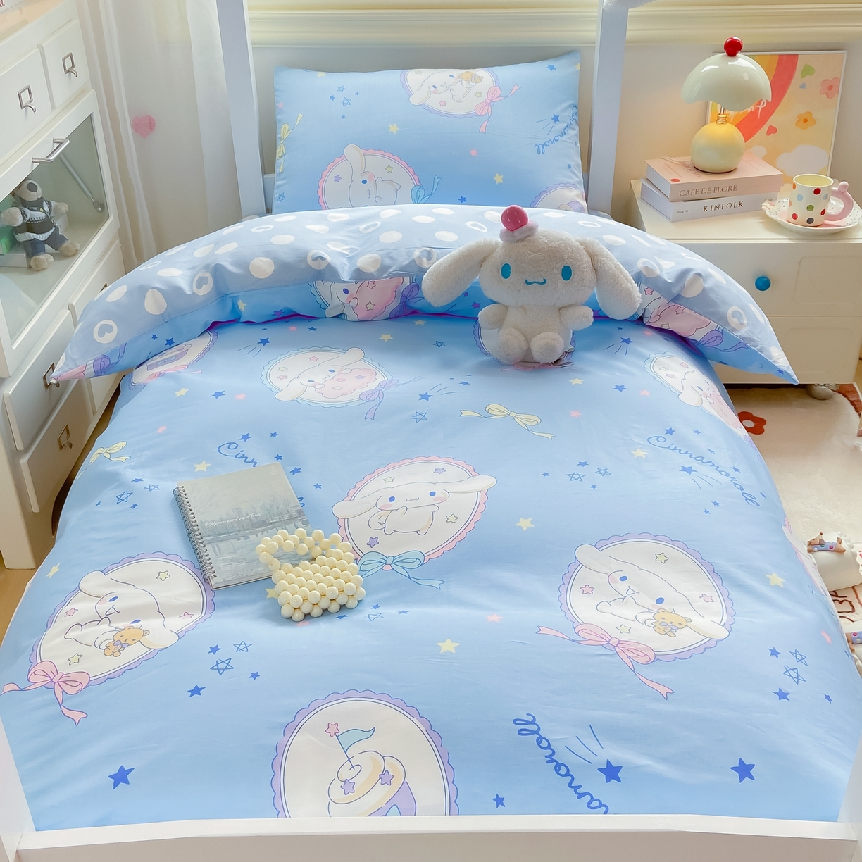 91家纺网 家纺一手货源 找家纺 博雅 2025春夏新款三丽鸥全棉纯棉卡通学生宿舍三件套上下铺三件套-小版 蓝色玉桂狗