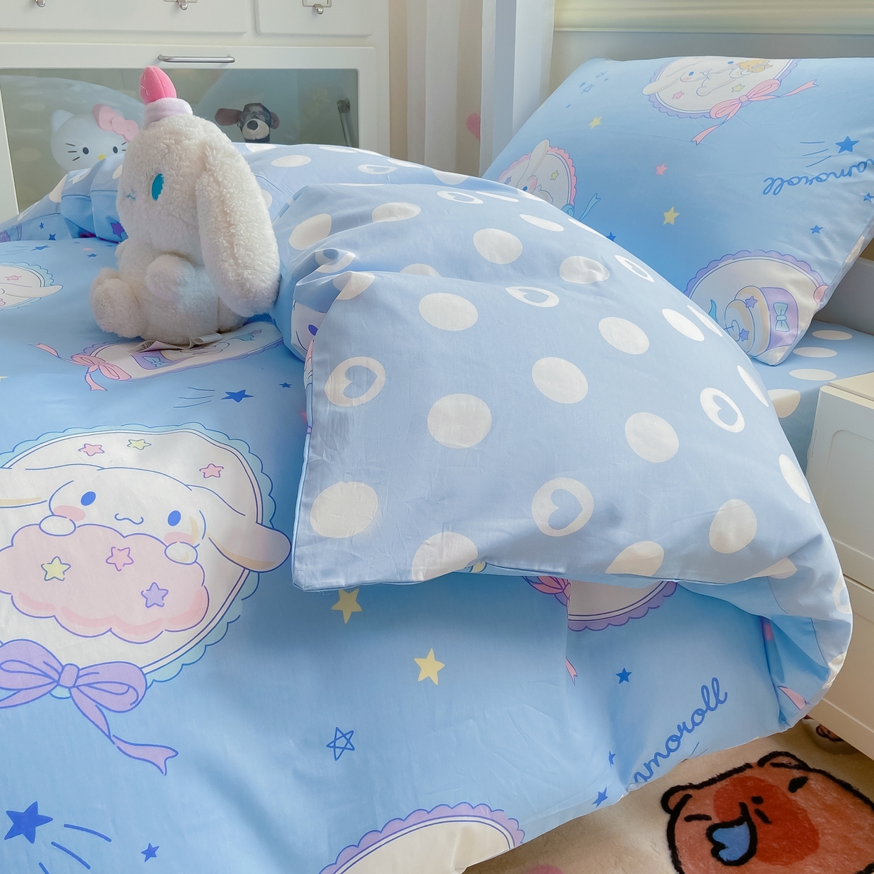 91家纺网 家纺一手货源 找家纺 博雅 2025春夏新款三丽鸥全棉纯棉卡通学生宿舍三件套上下铺三件套-小版 蓝色玉桂狗