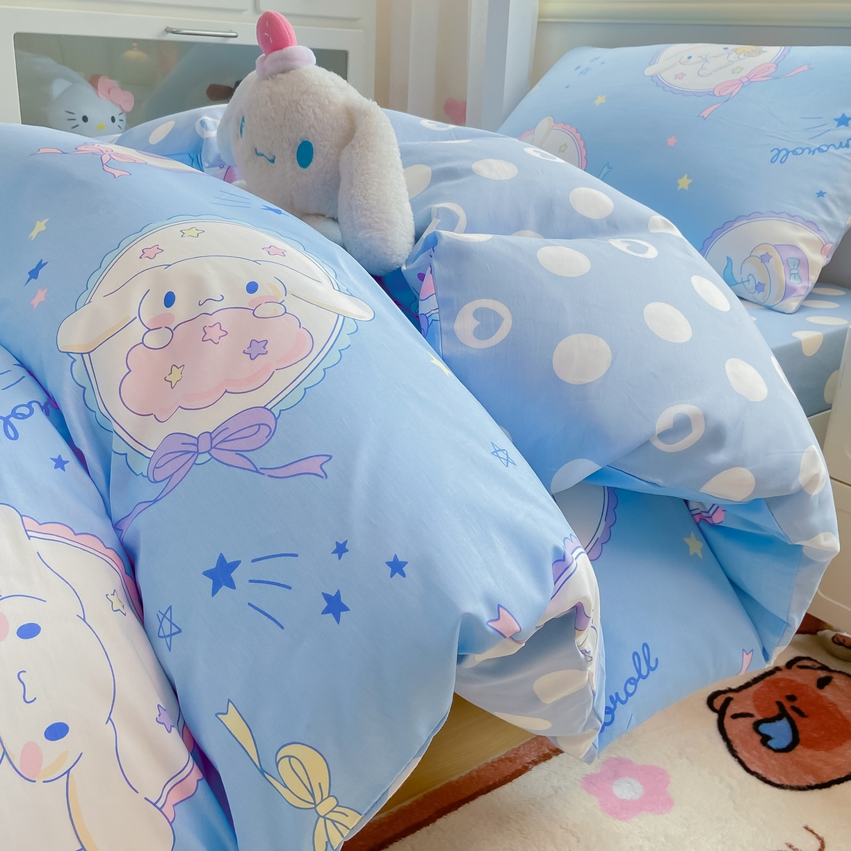 91家纺网 家纺一手货源 找家纺 博雅 2025春夏新款三丽鸥全棉纯棉卡通学生宿舍三件套上下铺三件套-小版 蓝色玉桂狗