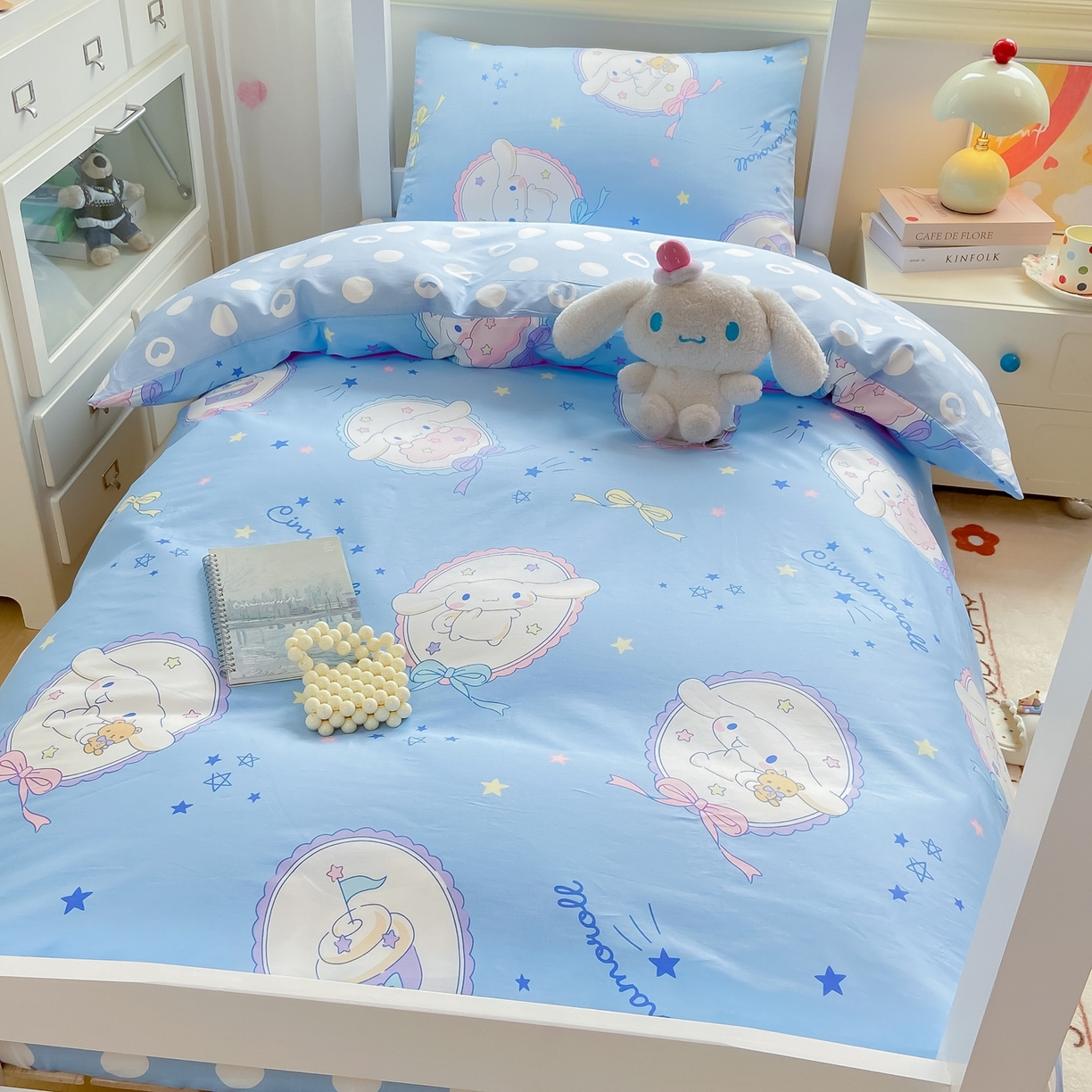 91家纺网 家纺一手货源 找家纺 博雅 2025春夏新款三丽鸥全棉纯棉卡通学生宿舍三件套上下铺三件套-小版 蓝色玉桂狗