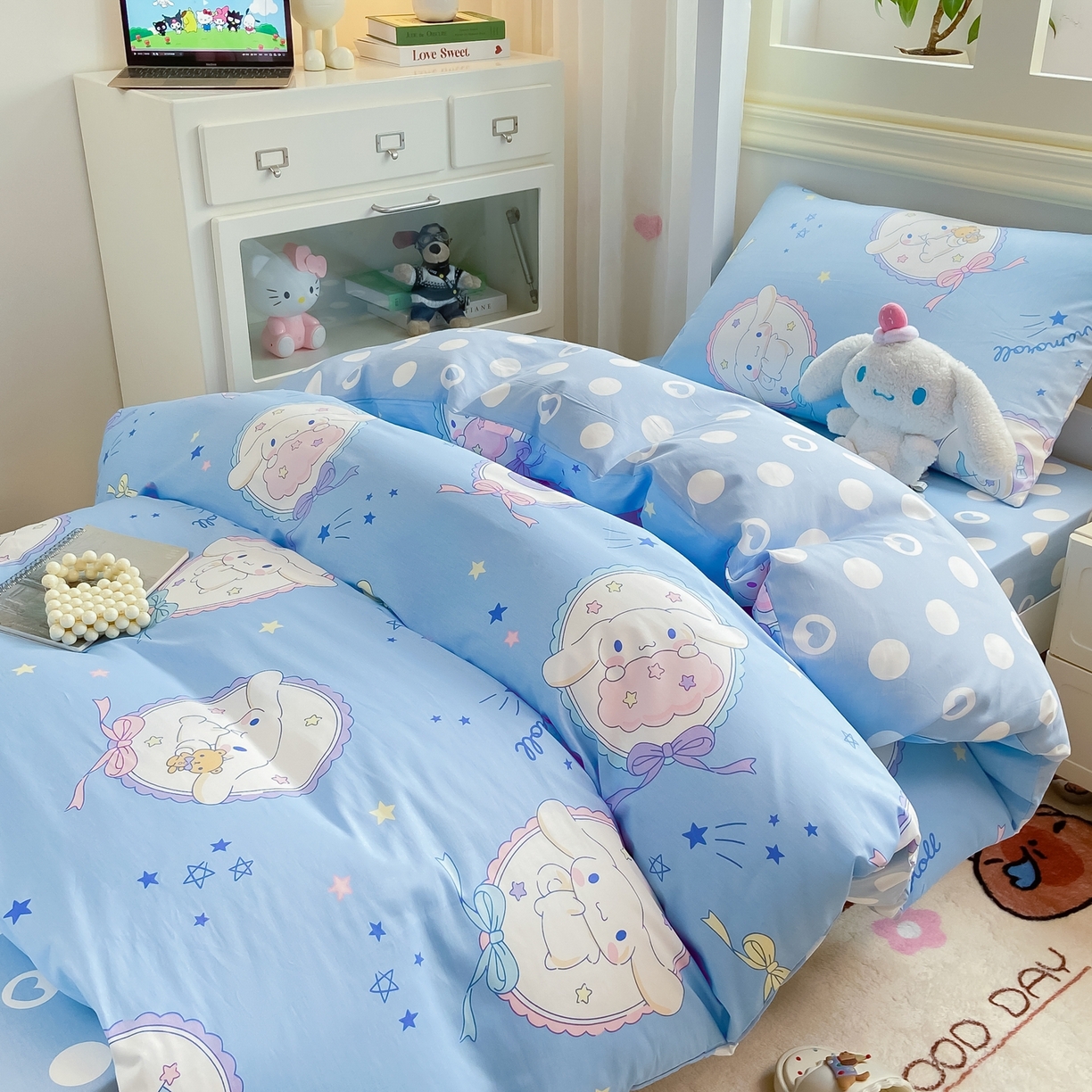 91家纺网 家纺一手货源 找家纺 博雅 2025春夏新款三丽鸥全棉纯棉卡通学生宿舍三件套上下铺三件套-小版 蓝色玉桂狗