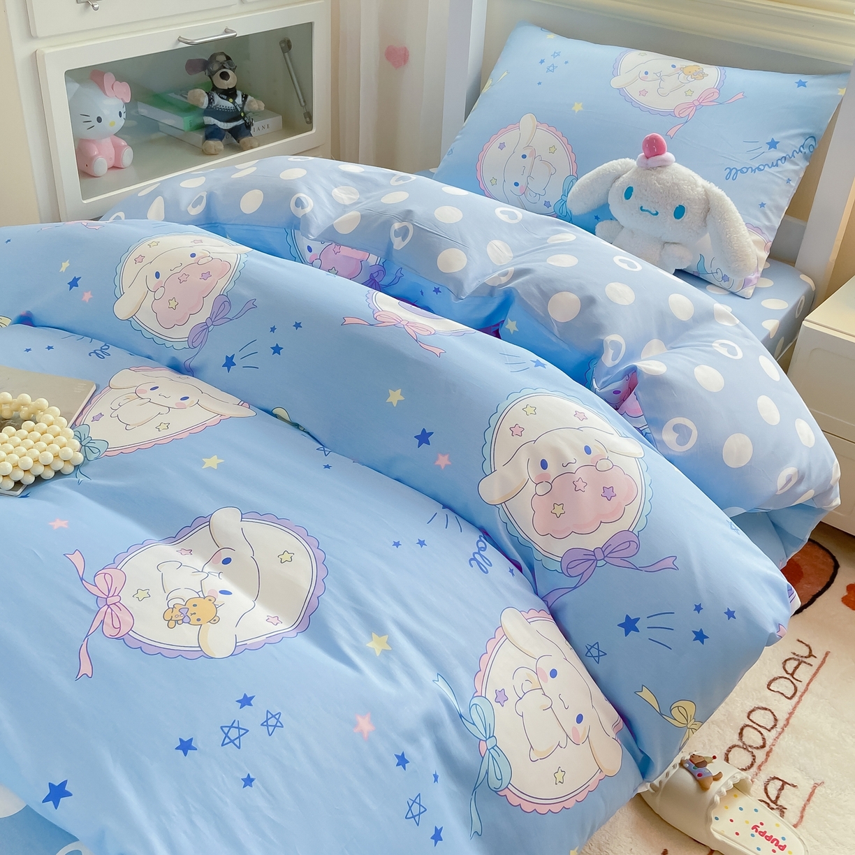 91家纺网 家纺一手货源 找家纺 博雅 2025春夏新款三丽鸥全棉纯棉卡通学生宿舍三件套上下铺三件套-小版 蓝色玉桂狗