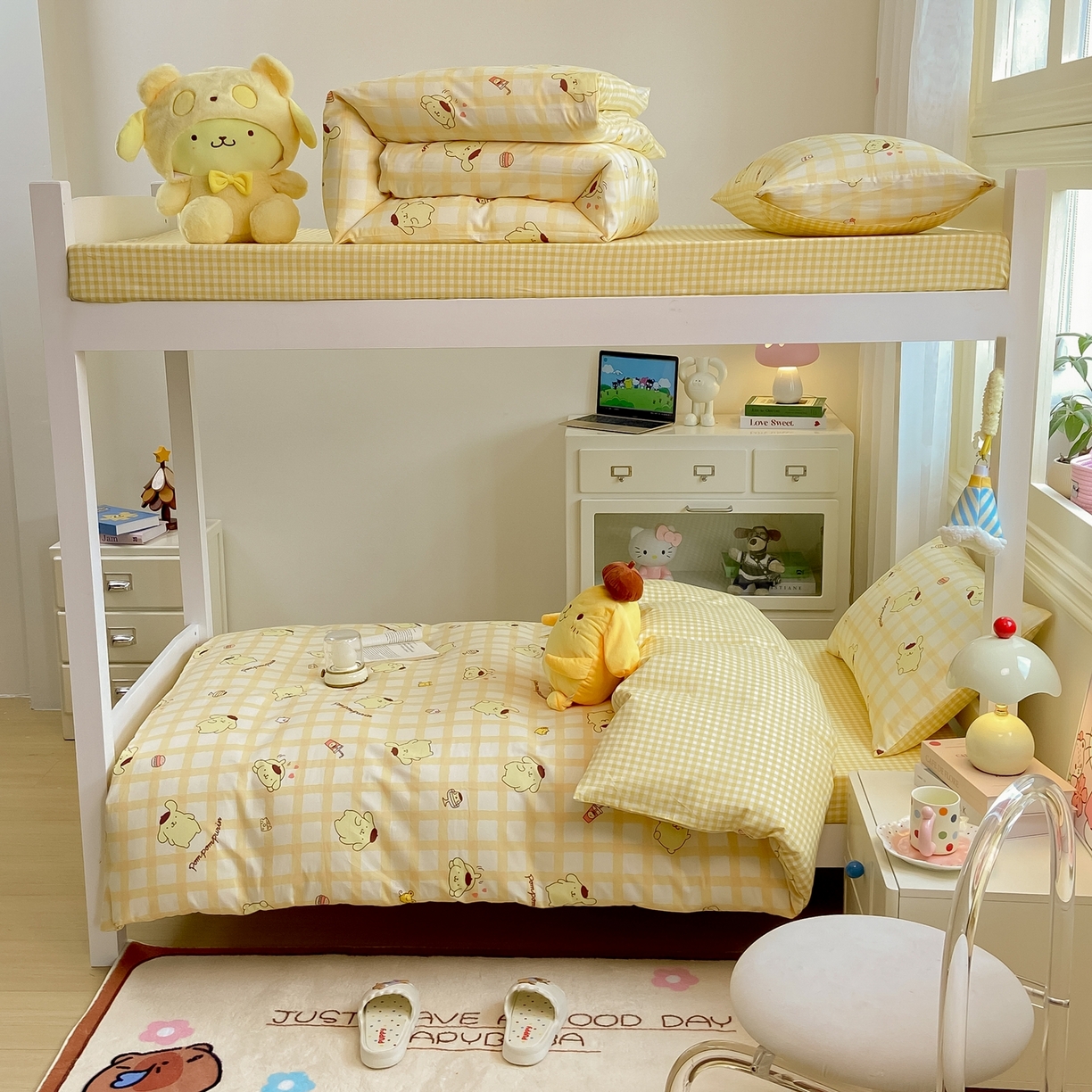 91家纺网 家纺一手货源 找家纺 博雅 2025春夏新款三丽鸥全棉纯棉卡通学生宿舍三件套上下铺三件套-小版 美食布丁狗