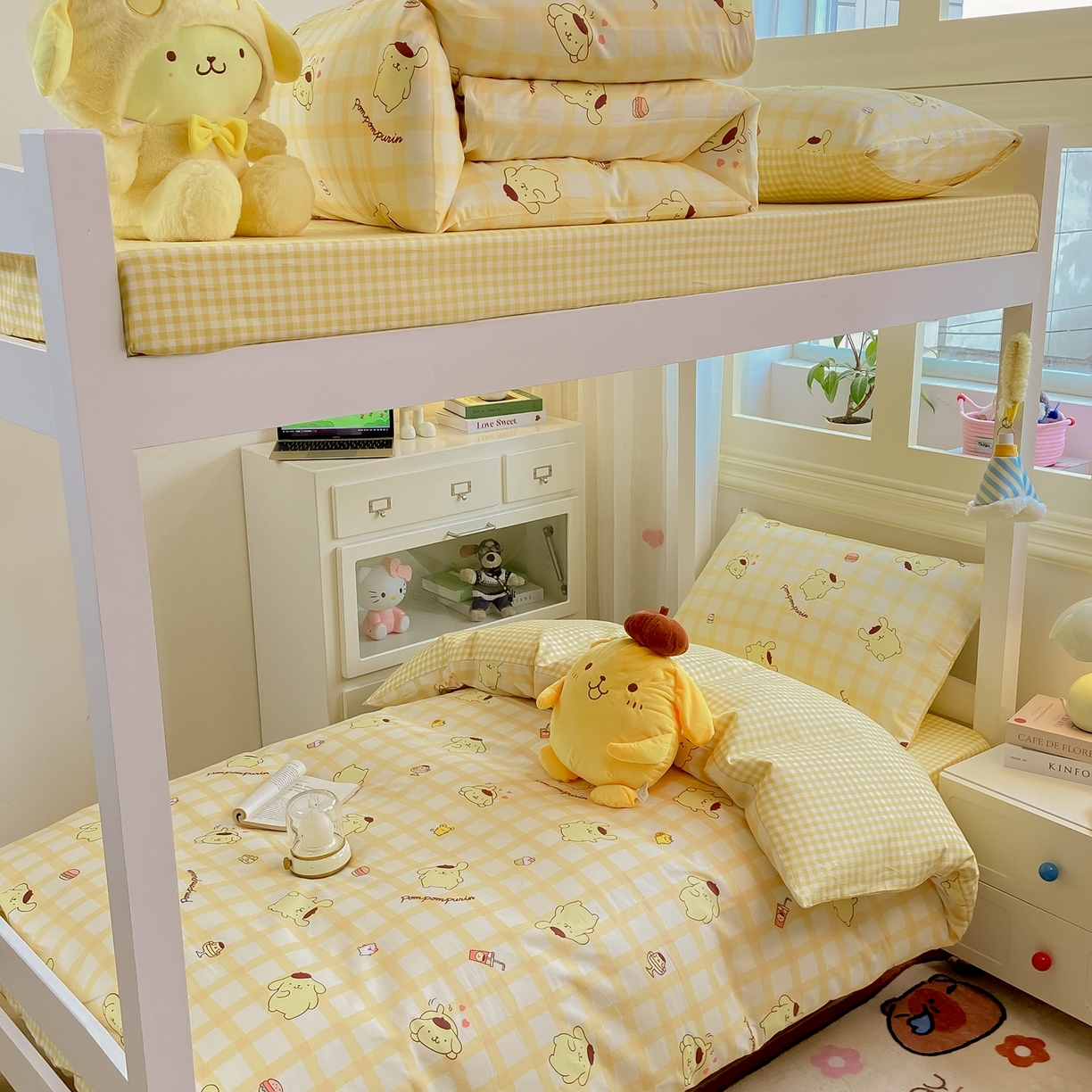 91家纺网 家纺一手货源 找家纺 博雅 2025春夏新款三丽鸥全棉纯棉卡通学生宿舍三件套上下铺三件套-小版 美食布丁狗