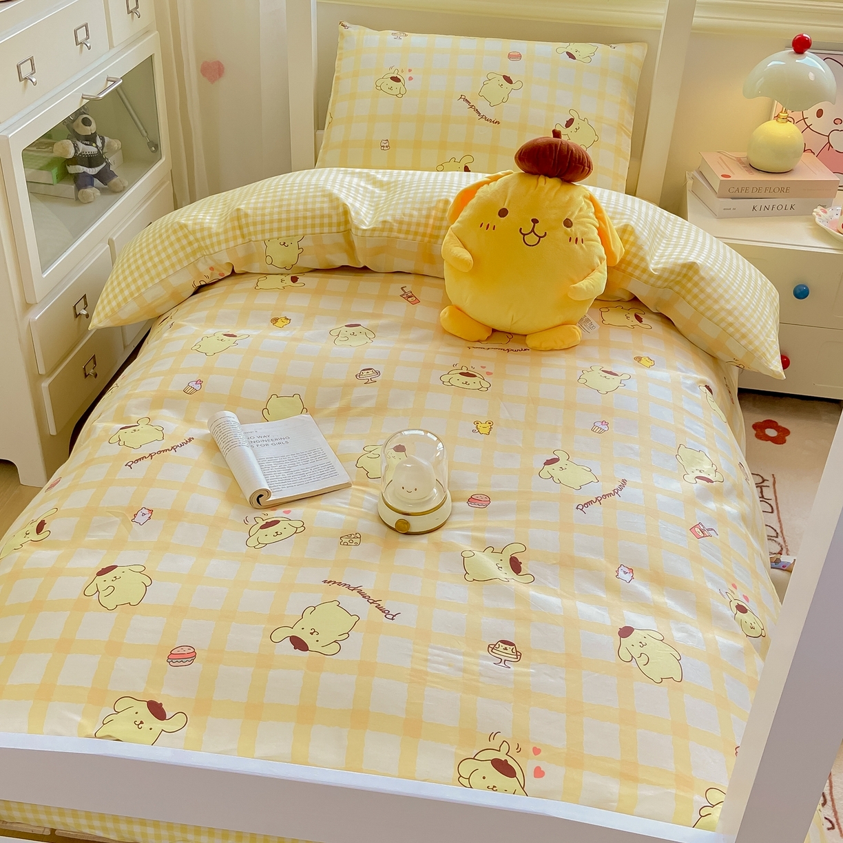 91家纺网 家纺一手货源 找家纺 博雅 2025春夏新款三丽鸥全棉纯棉卡通学生宿舍三件套上下铺三件套-小版 美食布丁狗