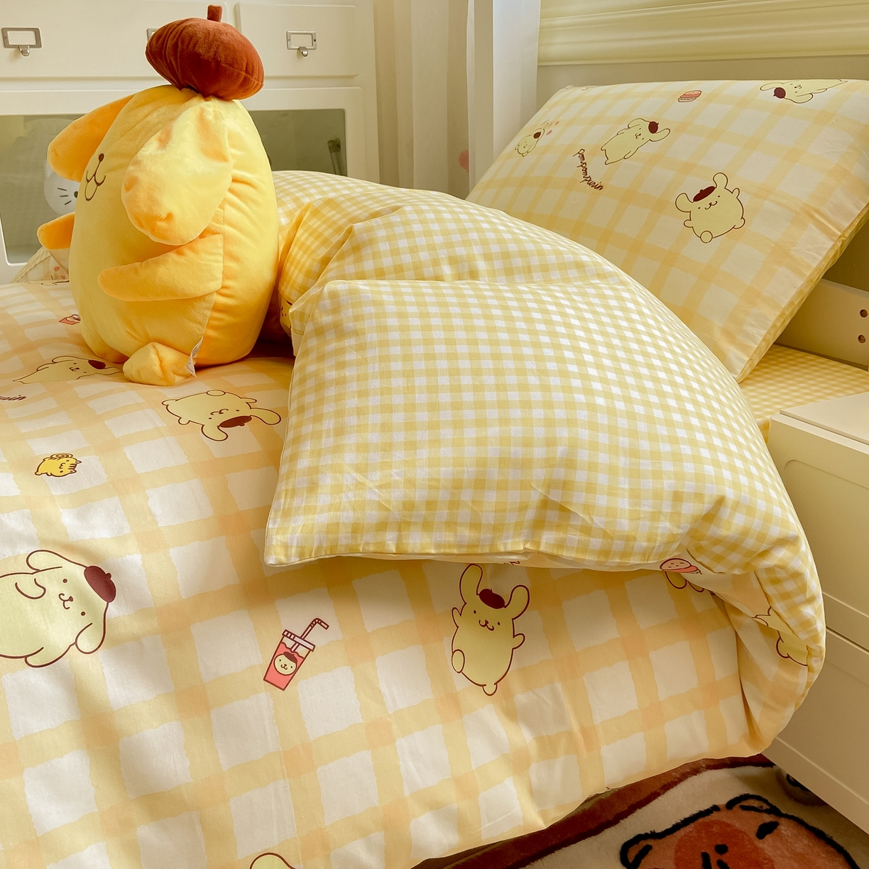 91家纺网 家纺一手货源 找家纺 博雅 2025春夏新款三丽鸥全棉纯棉卡通学生宿舍三件套上下铺三件套-小版 美食布丁狗