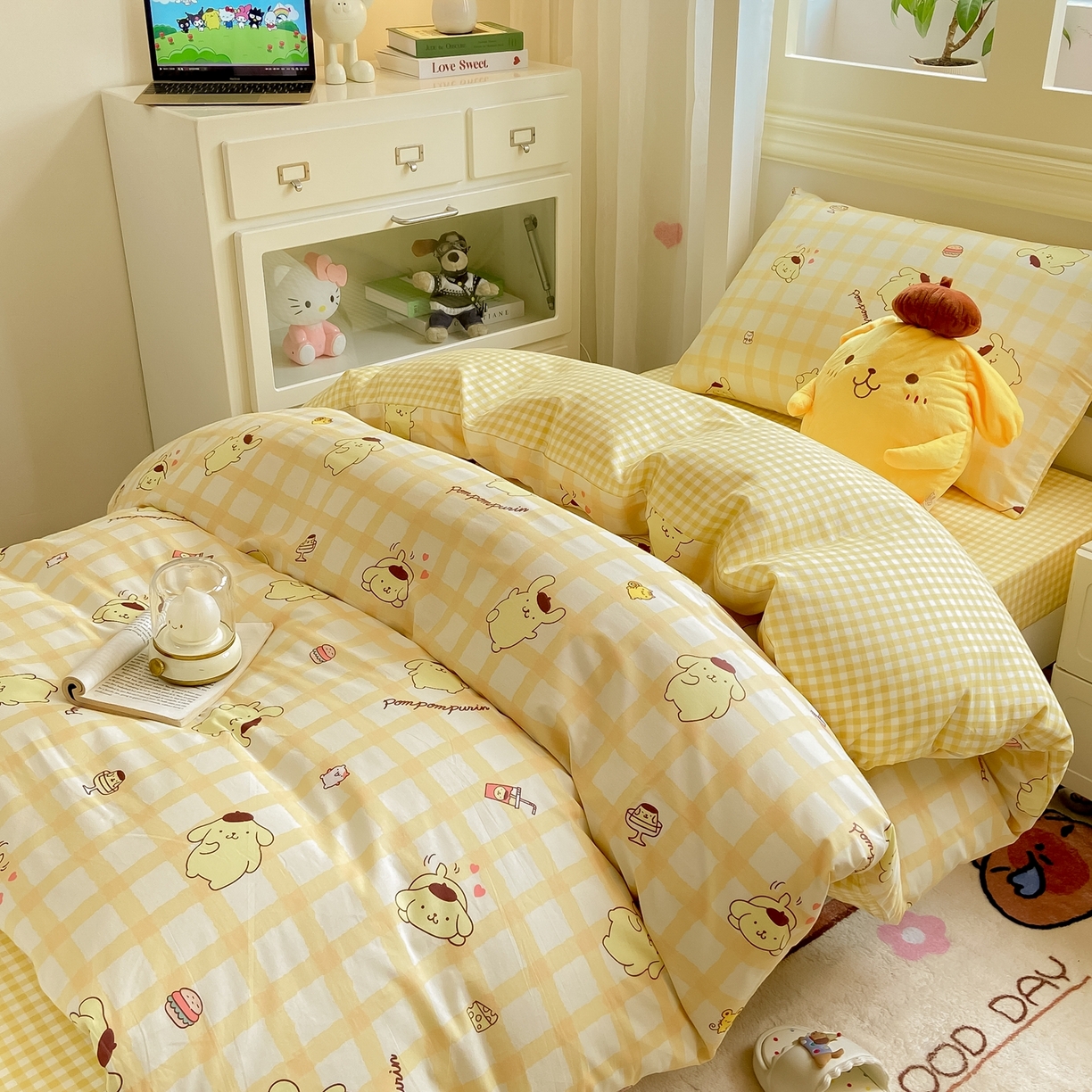 91家纺网 家纺一手货源 找家纺 博雅 2025春夏新款三丽鸥全棉纯棉卡通学生宿舍三件套上下铺三件套-小版 美食布丁狗