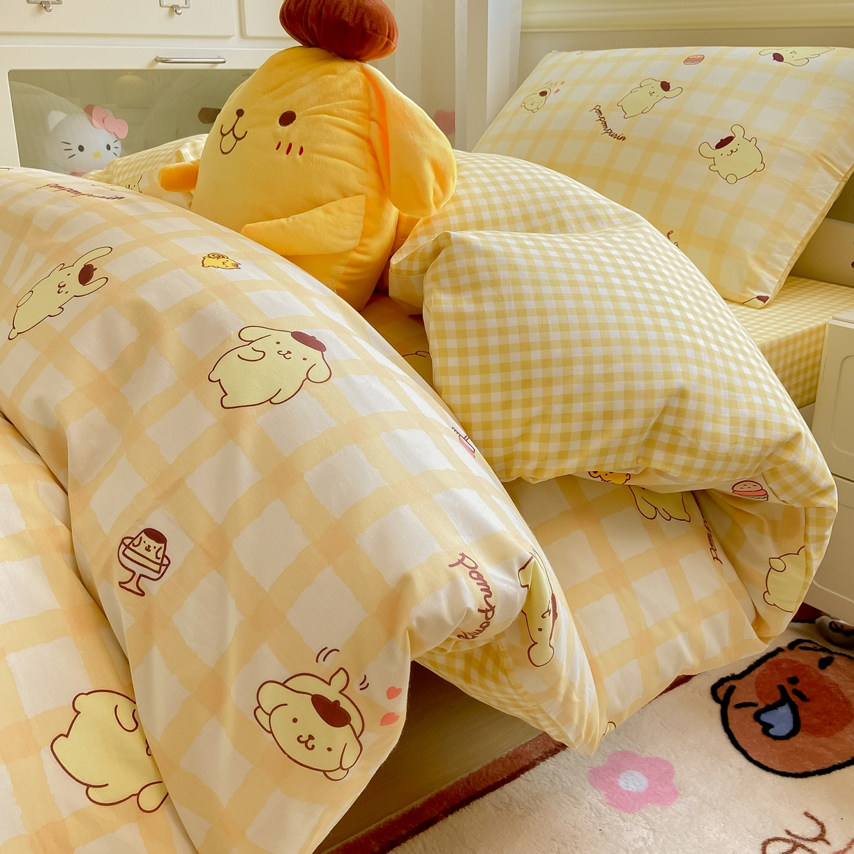 91家纺网 家纺一手货源 找家纺 博雅 2025春夏新款三丽鸥全棉纯棉卡通学生宿舍三件套上下铺三件套-小版 美食布丁狗