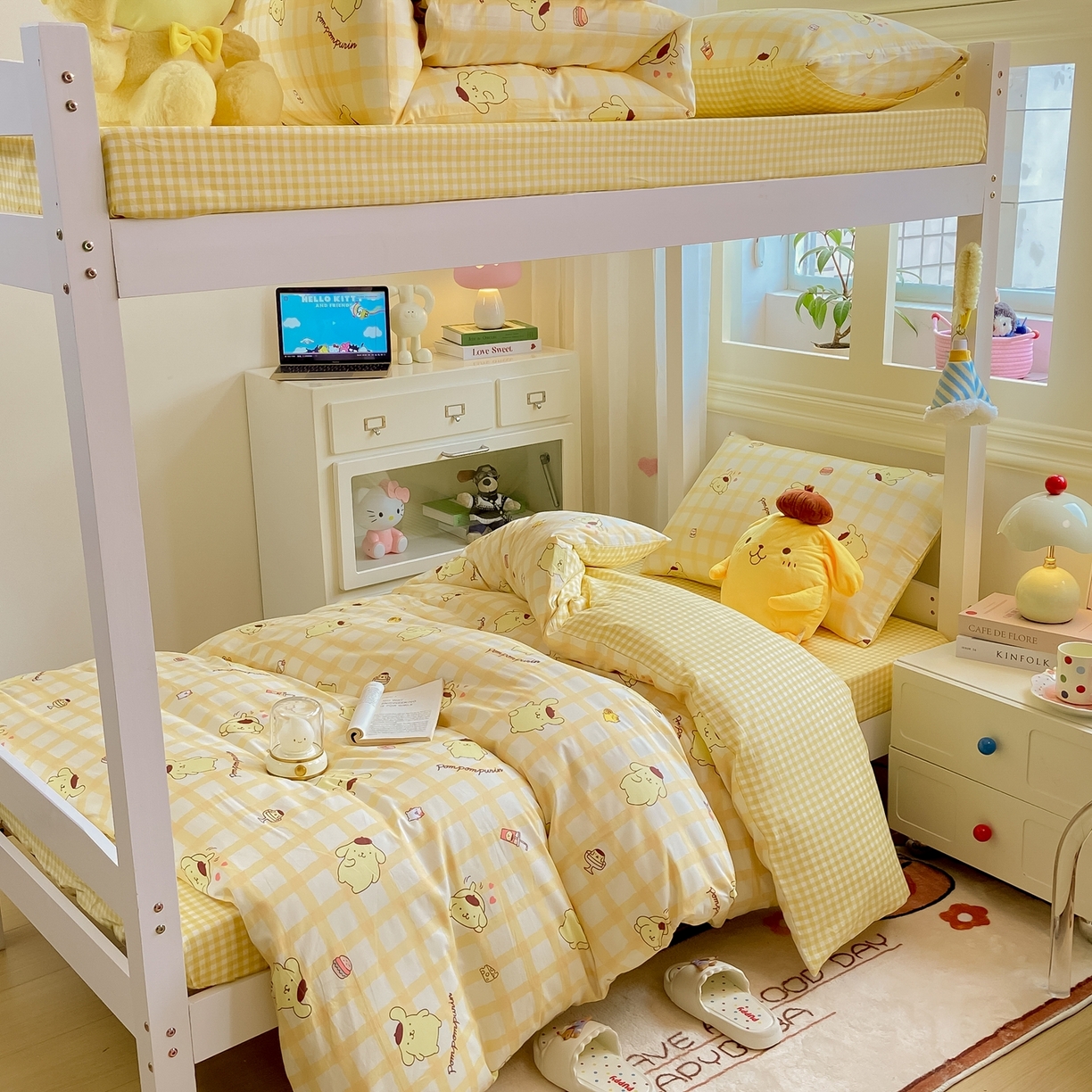 91家纺网 家纺一手货源 找家纺 博雅 2025春夏新款三丽鸥全棉纯棉卡通学生宿舍三件套上下铺三件套-小版 美食布丁狗