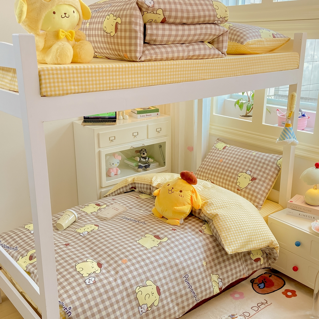 91家纺网 家纺一手货源 找家纺 博雅 2025春夏新款三丽鸥全棉纯棉卡通学生宿舍三件套上下铺三件套-小版 巧克力布丁狗