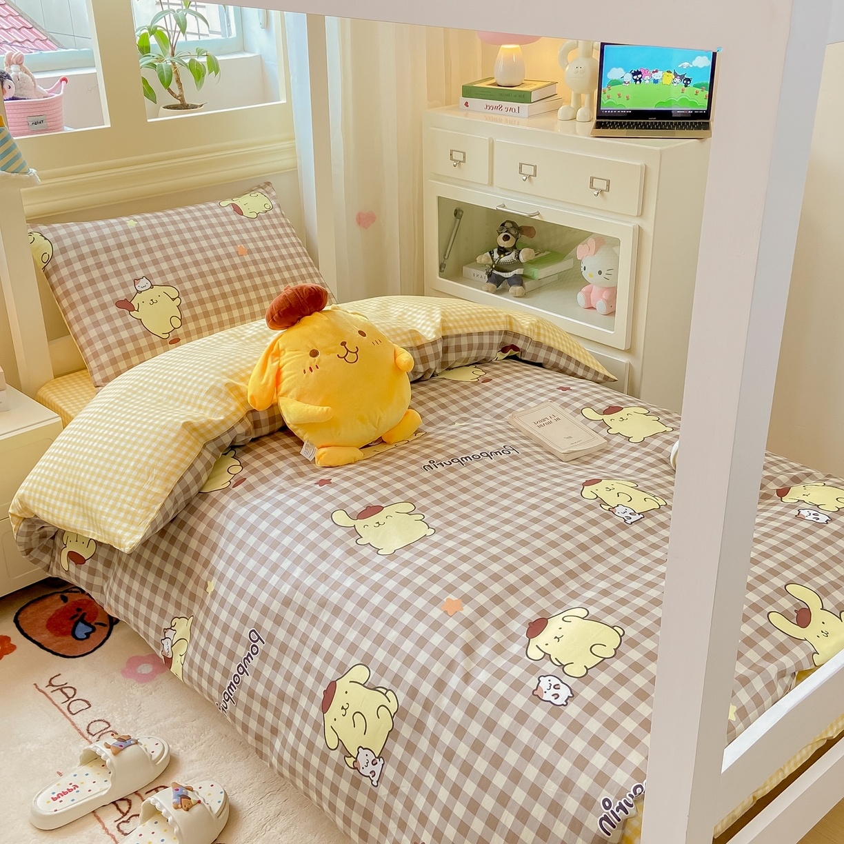 91家纺网 家纺一手货源 找家纺 博雅 2025春夏新款三丽鸥全棉纯棉卡通学生宿舍三件套上下铺三件套-小版 巧克力布丁狗