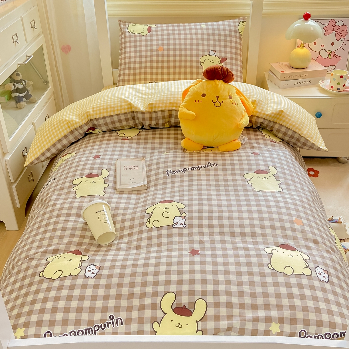 91家纺网 家纺一手货源 找家纺 博雅 2025春夏新款三丽鸥全棉纯棉卡通学生宿舍三件套上下铺三件套-小版 巧克力布丁狗