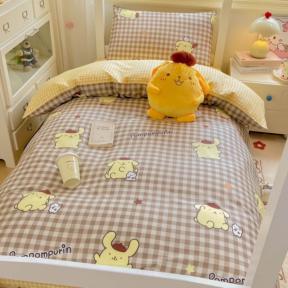 91家纺网 家纺一手货源 找家纺 博雅 2025春夏新款三丽鸥全棉纯棉卡通学生宿舍三件套上下铺三件套-小版 巧克力布丁狗