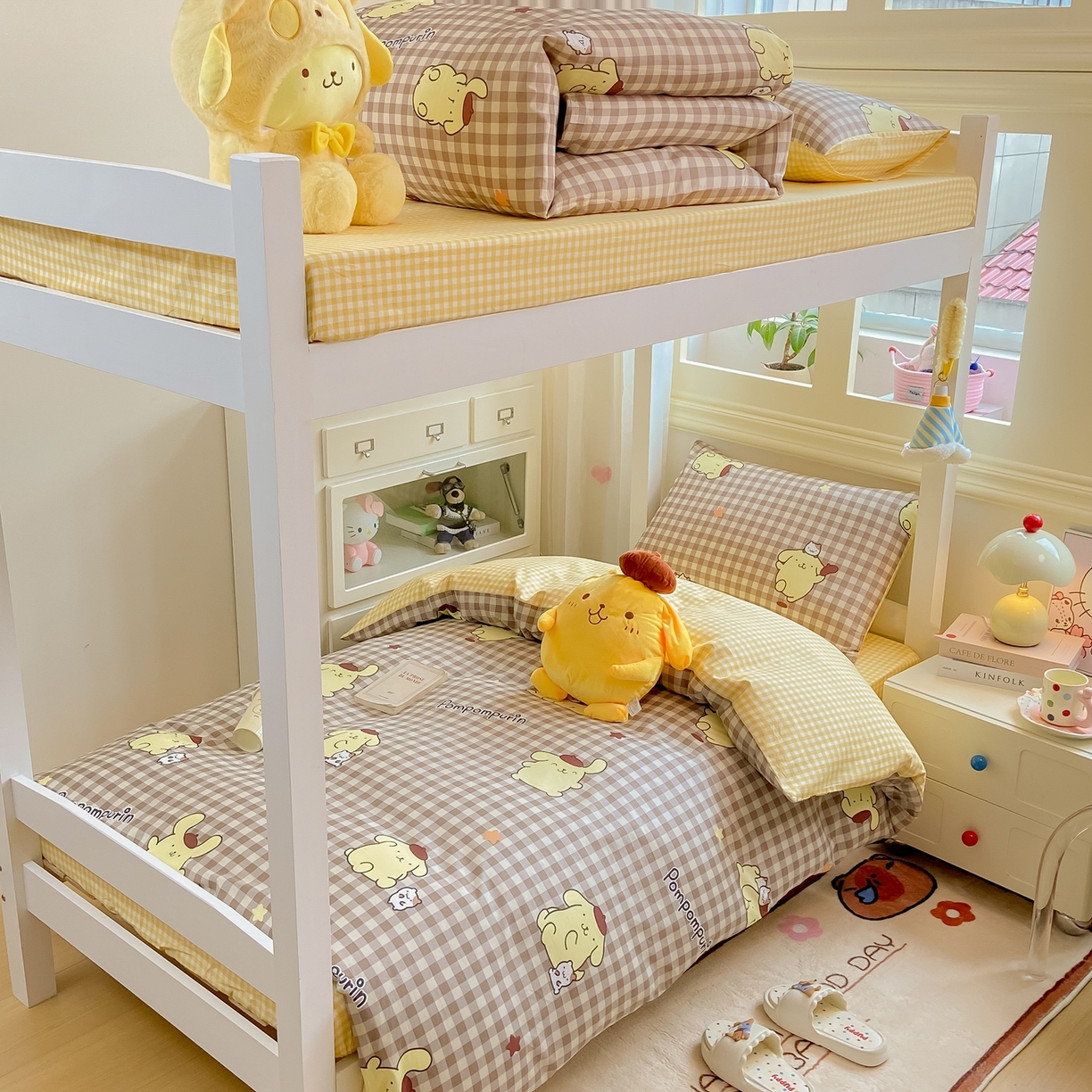 91家纺网 家纺一手货源 找家纺 博雅 2025春夏新款三丽鸥全棉纯棉卡通学生宿舍三件套上下铺三件套-小版 巧克力布丁狗