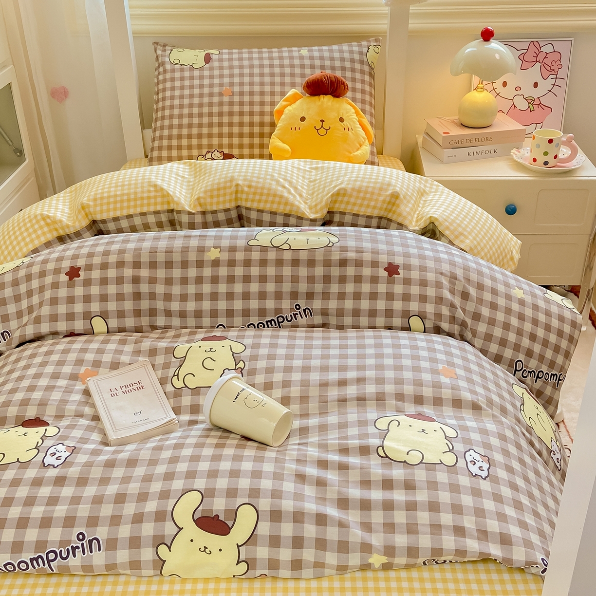 91家纺网 家纺一手货源 找家纺 博雅 2025春夏新款三丽鸥全棉纯棉卡通学生宿舍三件套上下铺三件套-小版 巧克力布丁狗