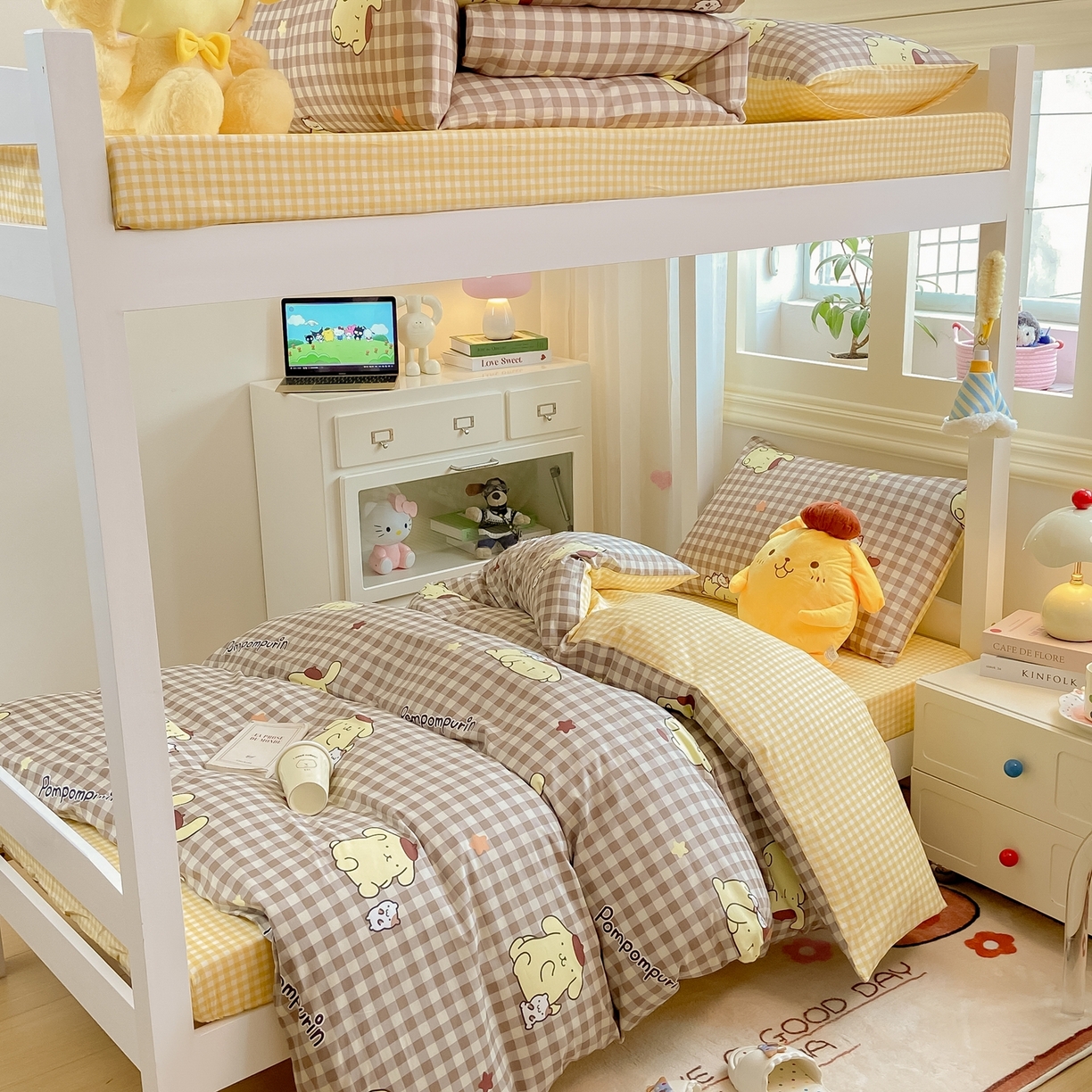 91家纺网 家纺一手货源 找家纺 博雅 2025春夏新款三丽鸥全棉纯棉卡通学生宿舍三件套上下铺三件套-小版 巧克力布丁狗