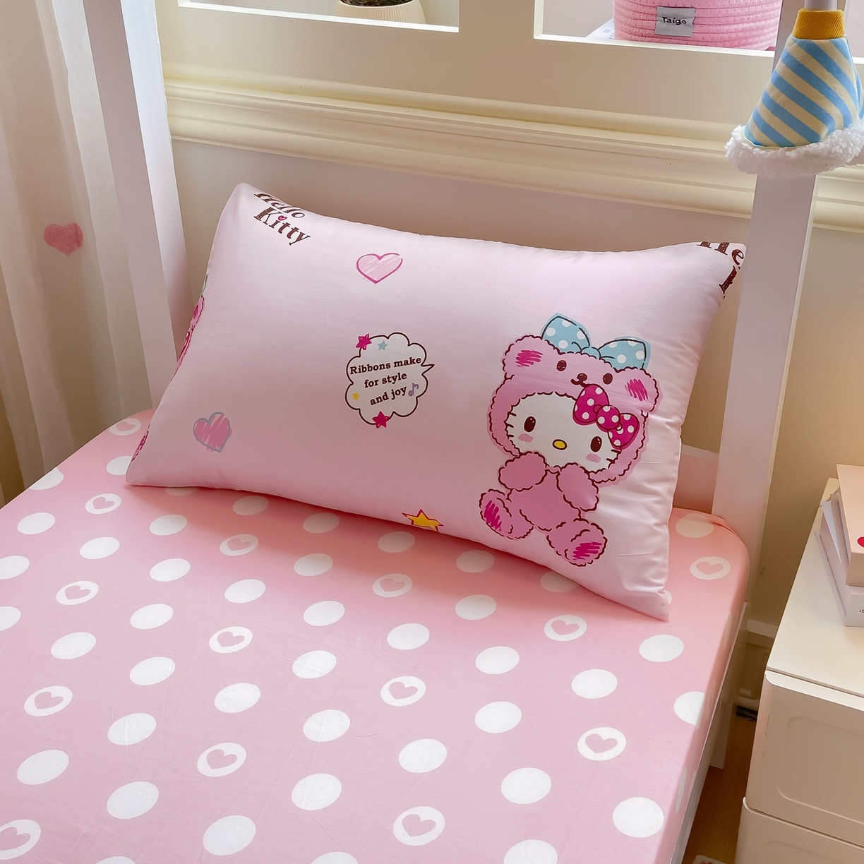 91家纺网 家纺一手货源 找家纺 博雅 2025春夏新款三丽鸥全棉纯棉卡通学生宿舍三件套上下铺三件套-小版 腮红KT