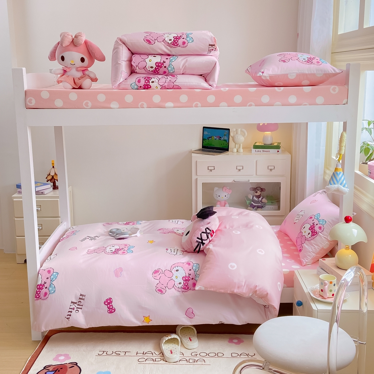 91家纺网 家纺一手货源 找家纺 博雅 2025春夏新款三丽鸥全棉纯棉卡通学生宿舍三件套上下铺三件套-小版 腮红KT