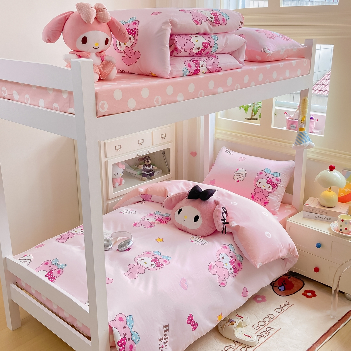 91家纺网 家纺一手货源 找家纺 博雅 2025春夏新款三丽鸥全棉纯棉卡通学生宿舍三件套上下铺三件套-小版 腮红KT