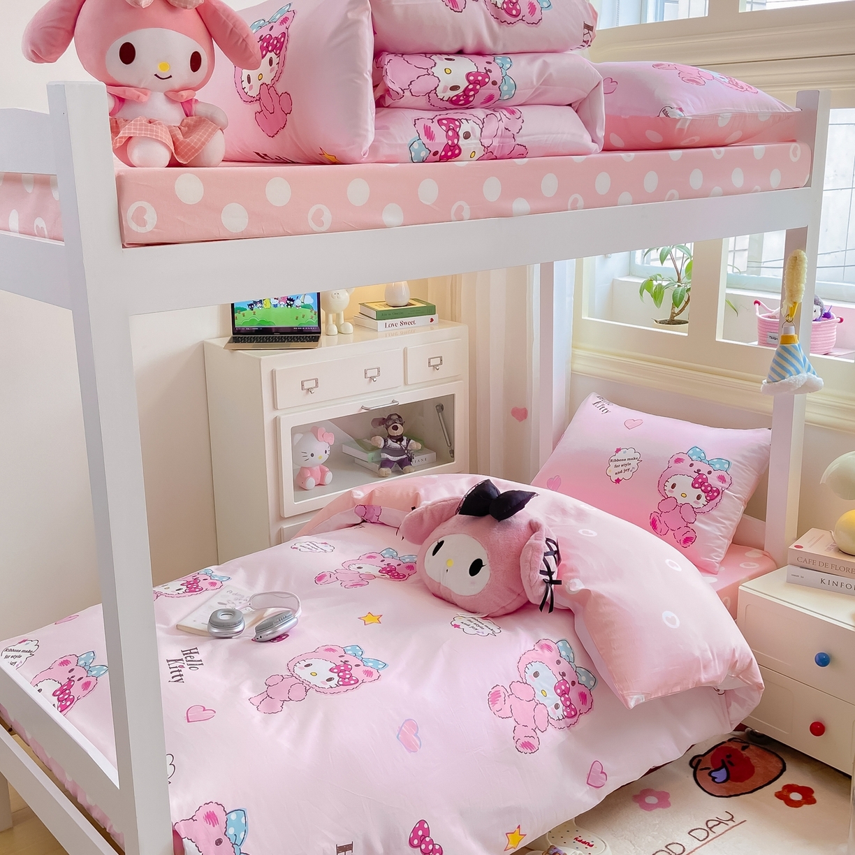 91家纺网 家纺一手货源 找家纺 博雅 2025春夏新款三丽鸥全棉纯棉卡通学生宿舍三件套上下铺三件套-小版 腮红KT