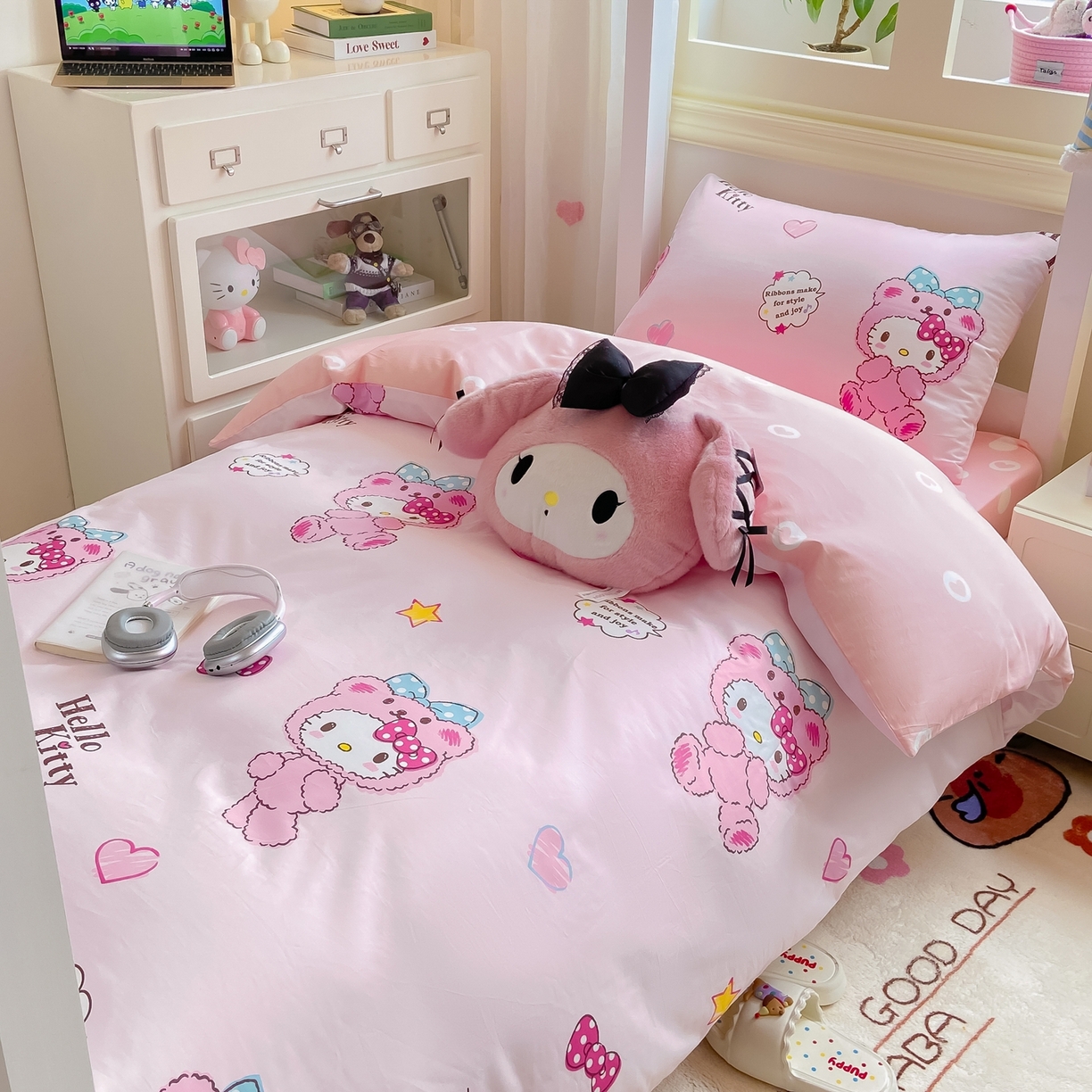 91家纺网 家纺一手货源 找家纺 博雅 2025春夏新款三丽鸥全棉纯棉卡通学生宿舍三件套上下铺三件套-小版 腮红KT