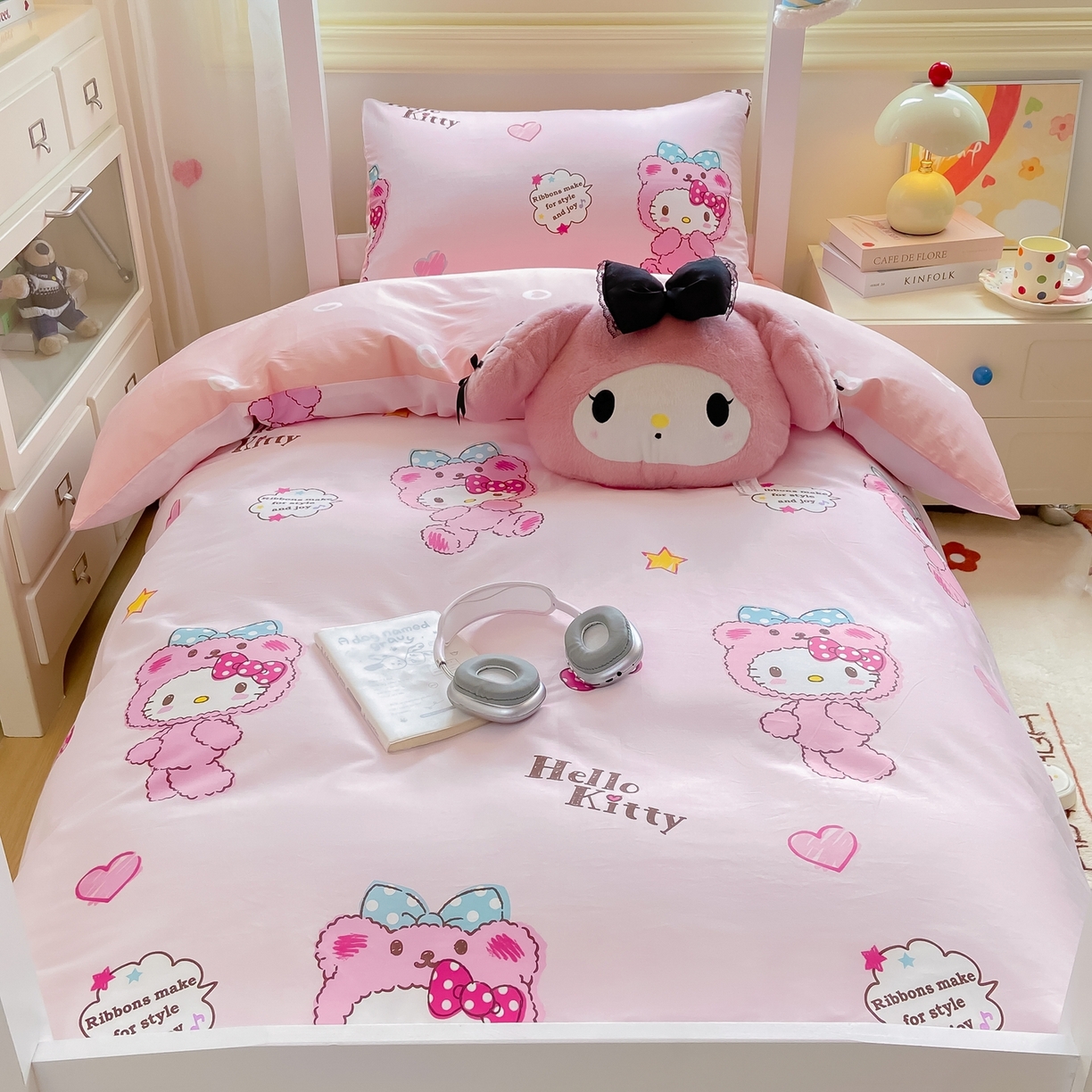 91家纺网 家纺一手货源 找家纺 博雅 2025春夏新款三丽鸥全棉纯棉卡通学生宿舍三件套上下铺三件套-小版 腮红KT