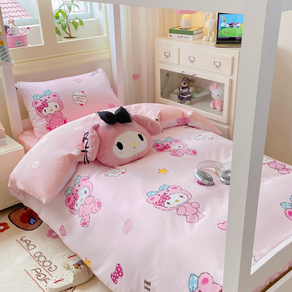91家纺网 家纺一手货源 找家纺 博雅 2025春夏新款三丽鸥全棉纯棉卡通学生宿舍三件套上下铺三件套-小版 腮红KT