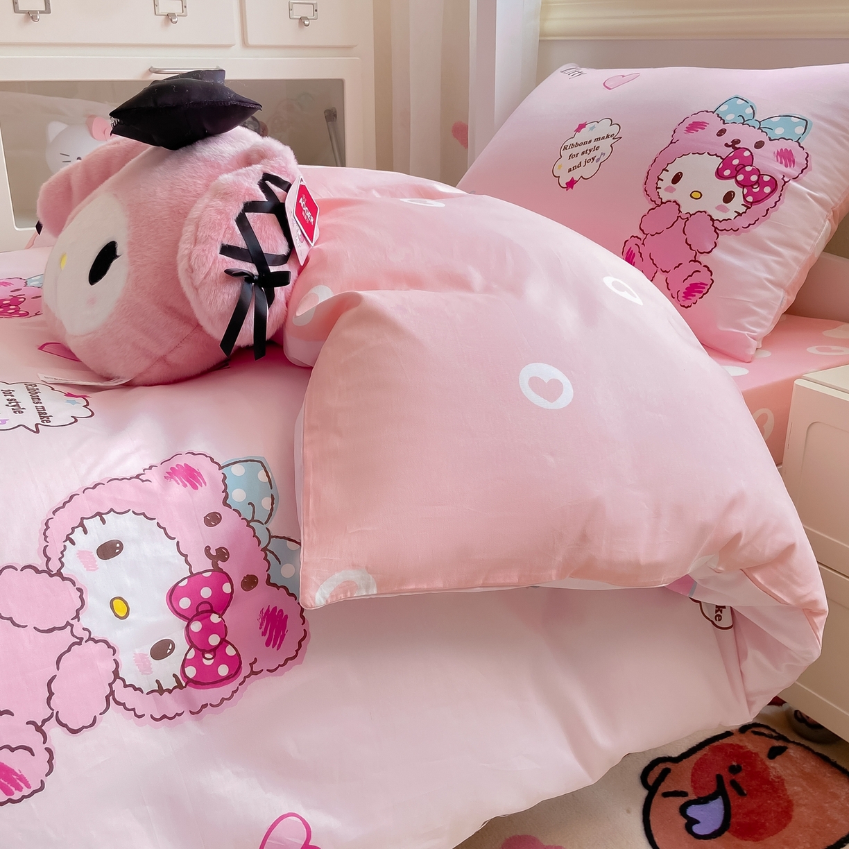 91家纺网 家纺一手货源 找家纺 博雅 2025春夏新款三丽鸥全棉纯棉卡通学生宿舍三件套上下铺三件套-小版 腮红KT