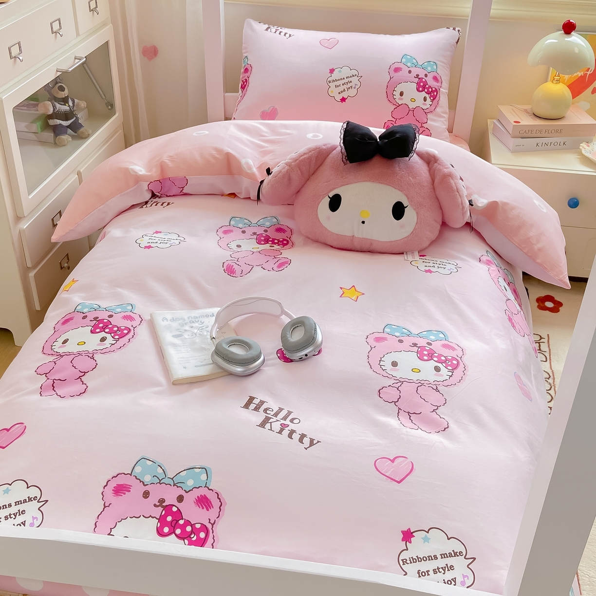 91家纺网 家纺一手货源 找家纺 博雅 2025春夏新款三丽鸥全棉纯棉卡通学生宿舍三件套上下铺三件套-小版 腮红KT