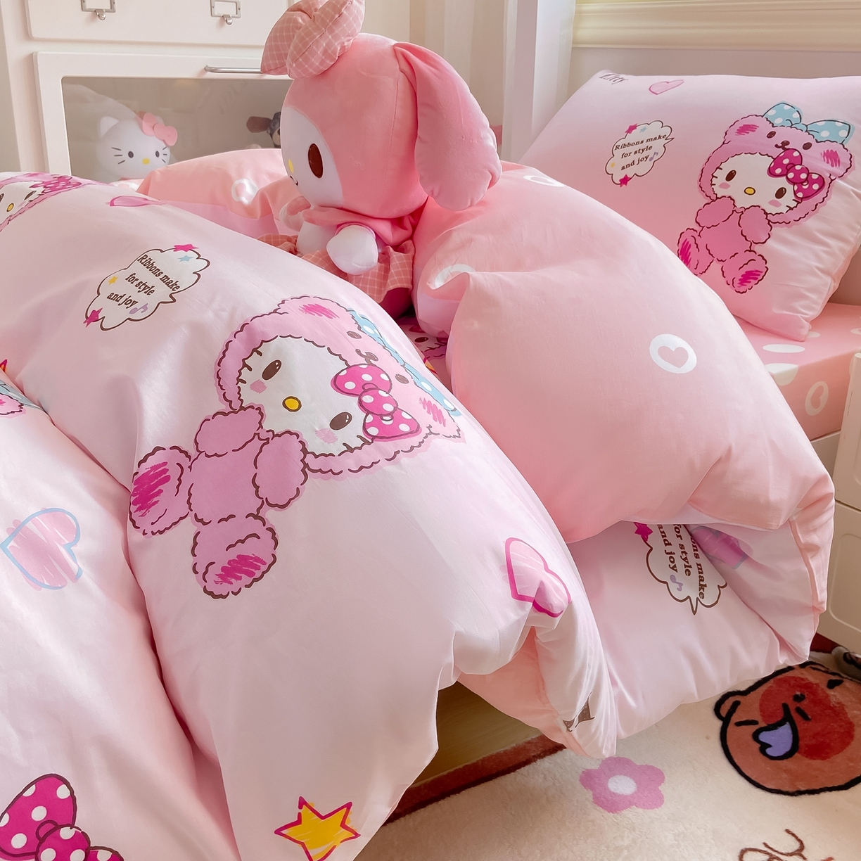 91家纺网 家纺一手货源 找家纺 博雅 2025春夏新款三丽鸥全棉纯棉卡通学生宿舍三件套上下铺三件套-小版 腮红KT