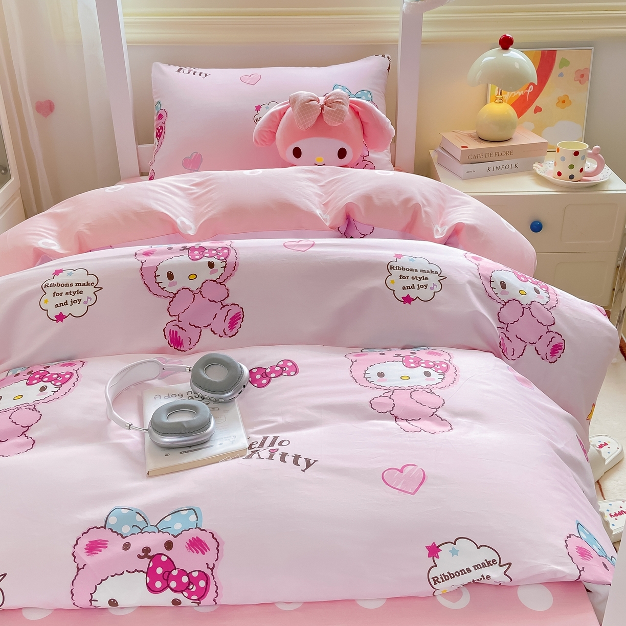 91家纺网 家纺一手货源 找家纺 博雅 2025春夏新款三丽鸥全棉纯棉卡通学生宿舍三件套上下铺三件套-小版 腮红KT