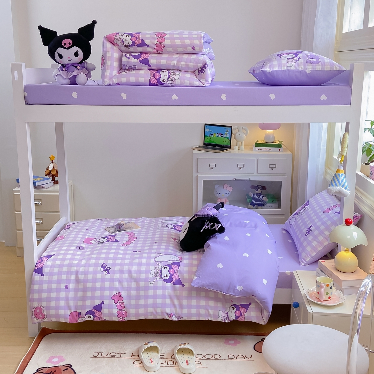 91家纺网 家纺一手货源 找家纺 博雅 2025春夏新款三丽鸥全棉纯棉卡通学生宿舍三件套上下铺三件套-小版 小方格库洛米