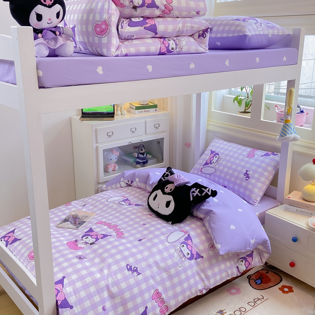 91家纺网 家纺一手货源 找家纺 博雅 2025春夏新款三丽鸥全棉纯棉卡通学生宿舍三件套上下铺三件套-小版 小方格库洛米