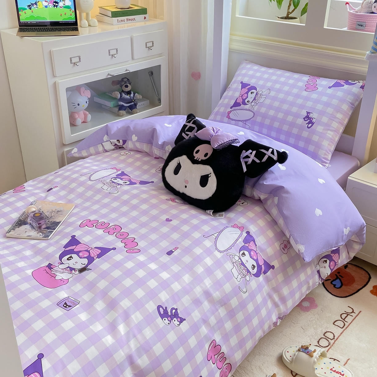 91家纺网 家纺一手货源 找家纺 博雅 2025春夏新款三丽鸥全棉纯棉卡通学生宿舍三件套上下铺三件套-小版 小方格库洛米