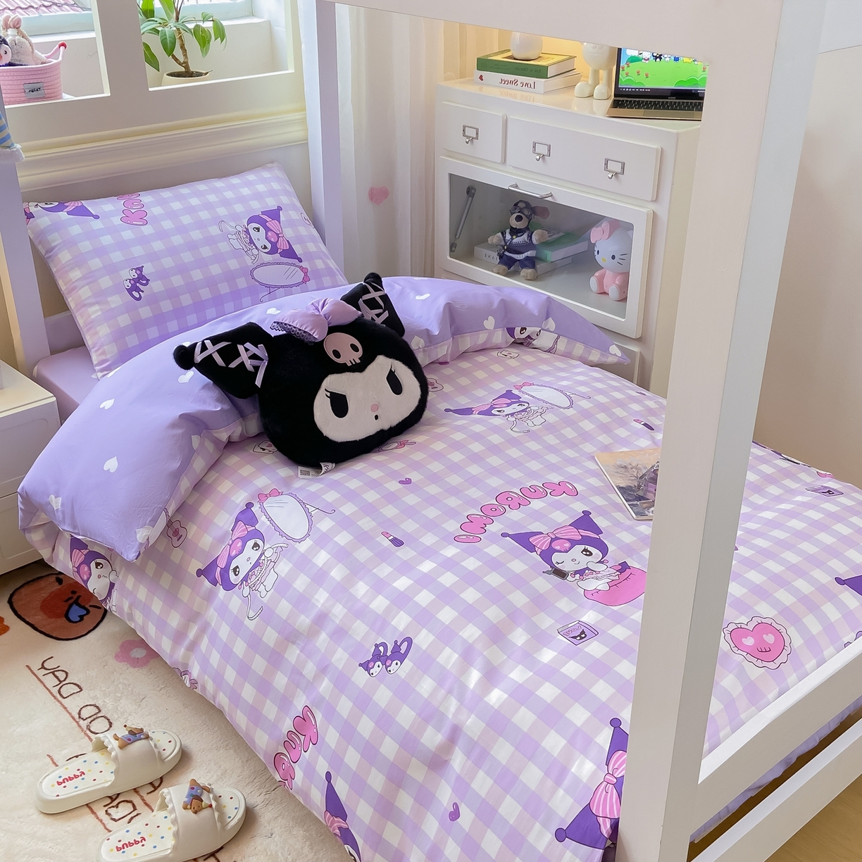 91家纺网 家纺一手货源 找家纺 博雅 2025春夏新款三丽鸥全棉纯棉卡通学生宿舍三件套上下铺三件套-小版 小方格库洛米