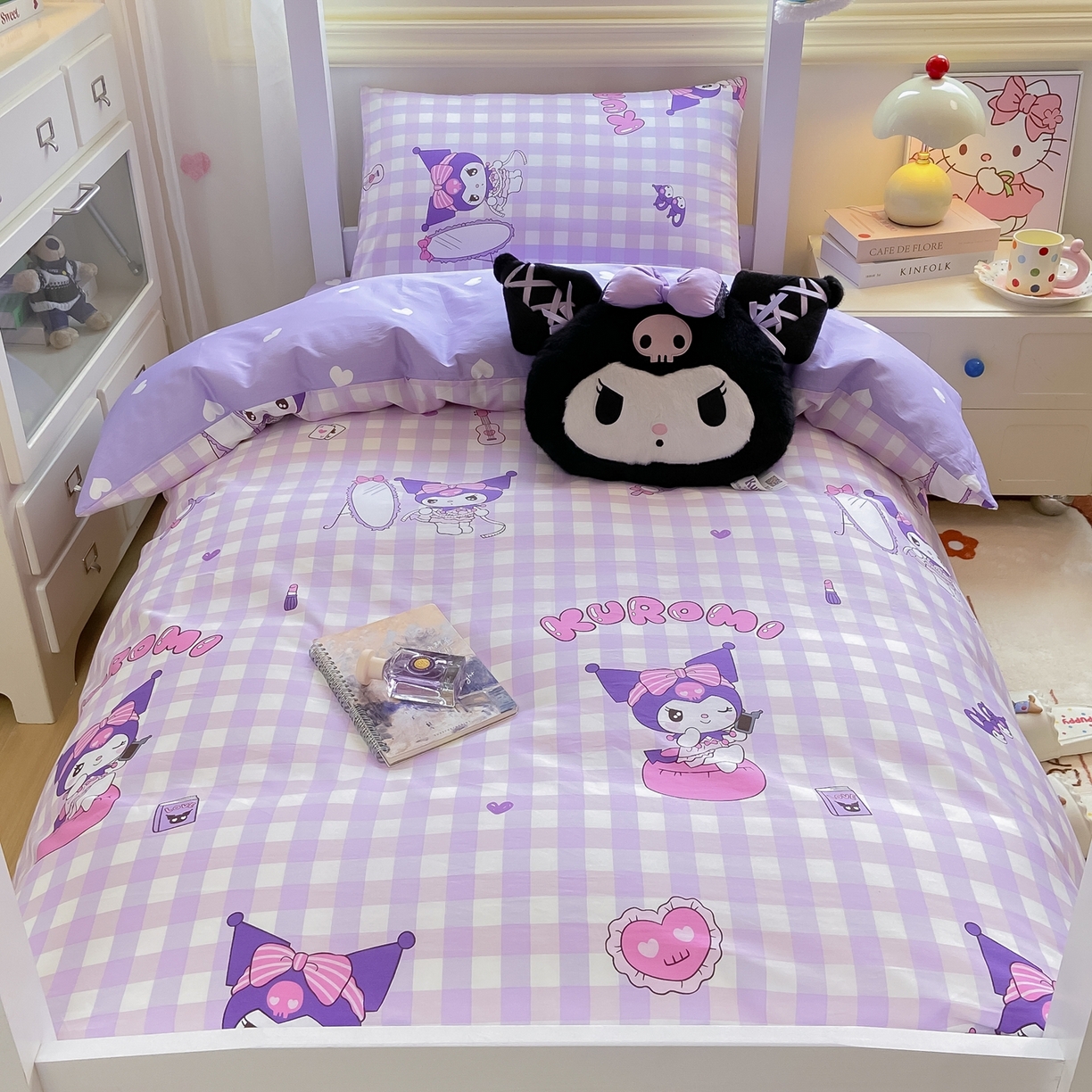 91家纺网 家纺一手货源 找家纺 博雅 2025春夏新款三丽鸥全棉纯棉卡通学生宿舍三件套上下铺三件套-小版 小方格库洛米