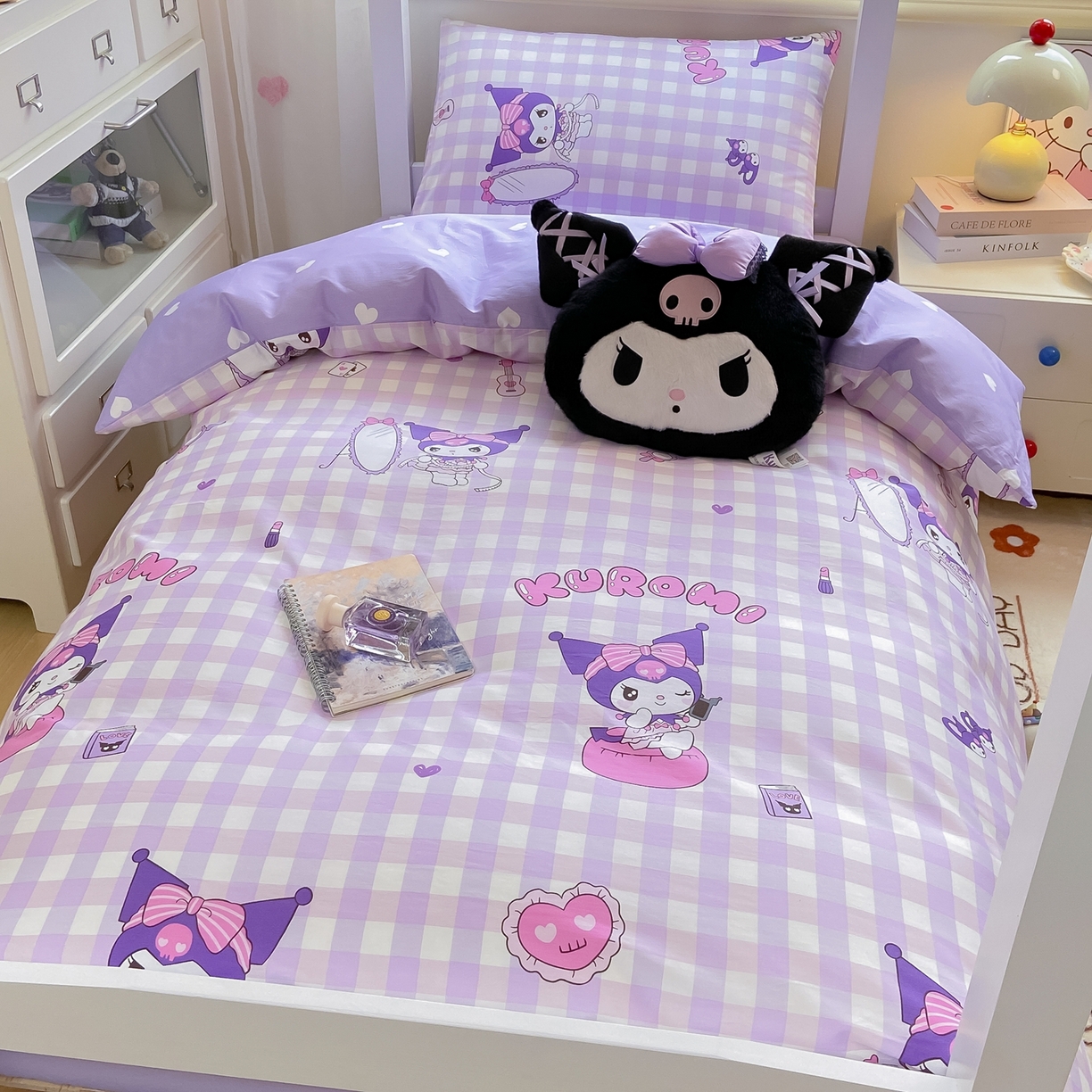 91家纺网 家纺一手货源 找家纺 博雅 2025春夏新款三丽鸥全棉纯棉卡通学生宿舍三件套上下铺三件套-小版 小方格库洛米