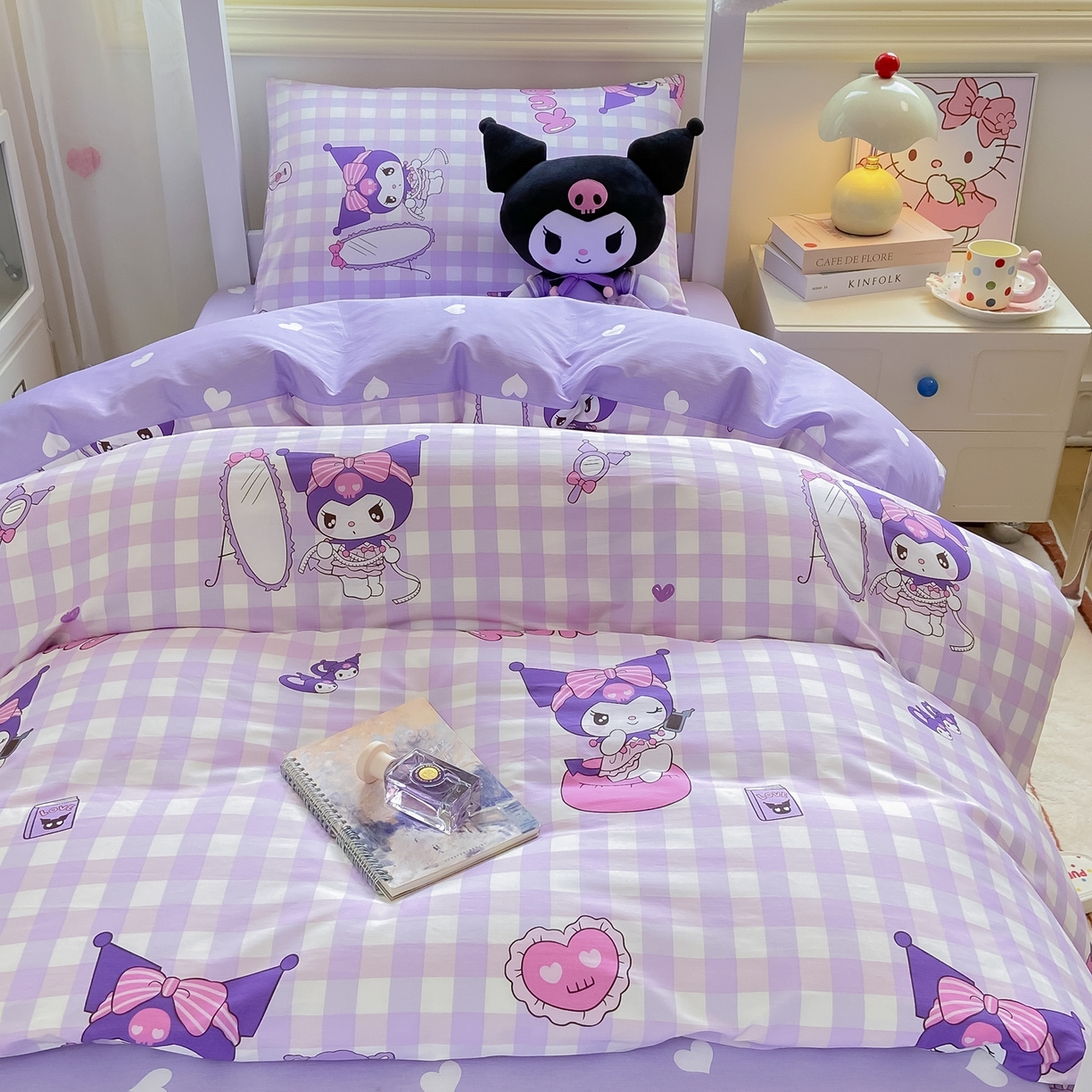 91家纺网 家纺一手货源 找家纺 博雅 2025春夏新款三丽鸥全棉纯棉卡通学生宿舍三件套上下铺三件套-小版 小方格库洛米