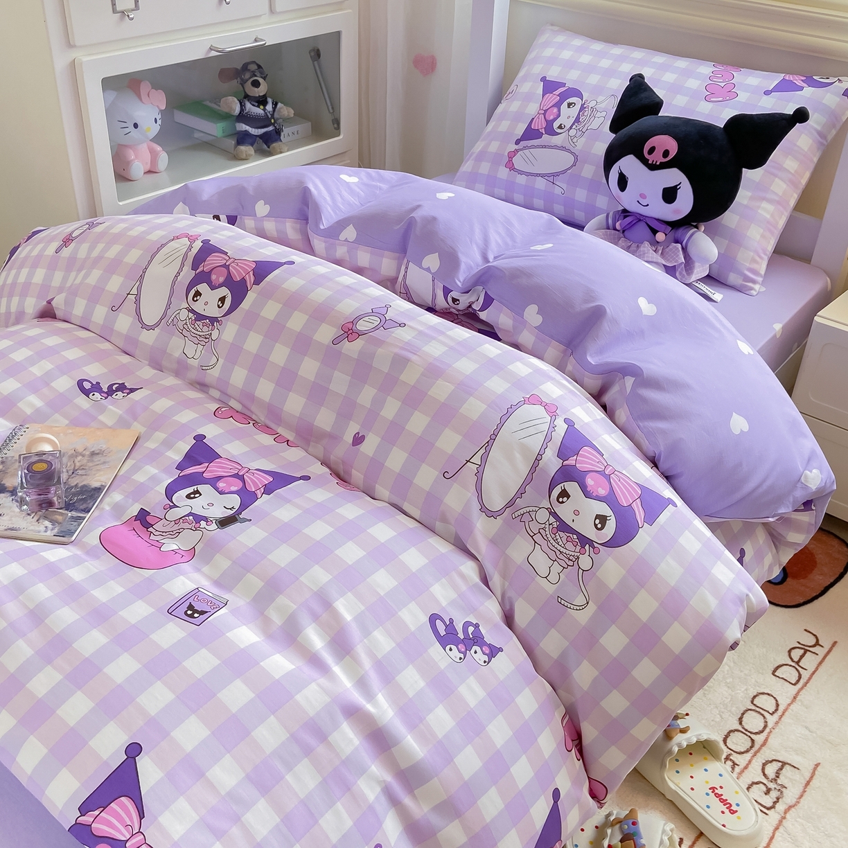 91家纺网 家纺一手货源 找家纺 博雅 2025春夏新款三丽鸥全棉纯棉卡通学生宿舍三件套上下铺三件套-小版 小方格库洛米