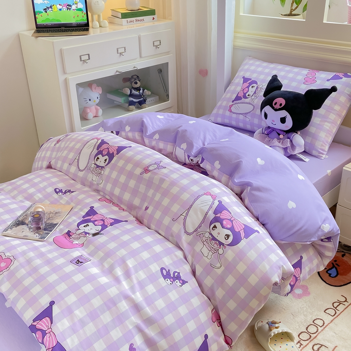 91家纺网 家纺一手货源 找家纺 博雅 2025春夏新款三丽鸥全棉纯棉卡通学生宿舍三件套上下铺三件套-小版 小方格库洛米