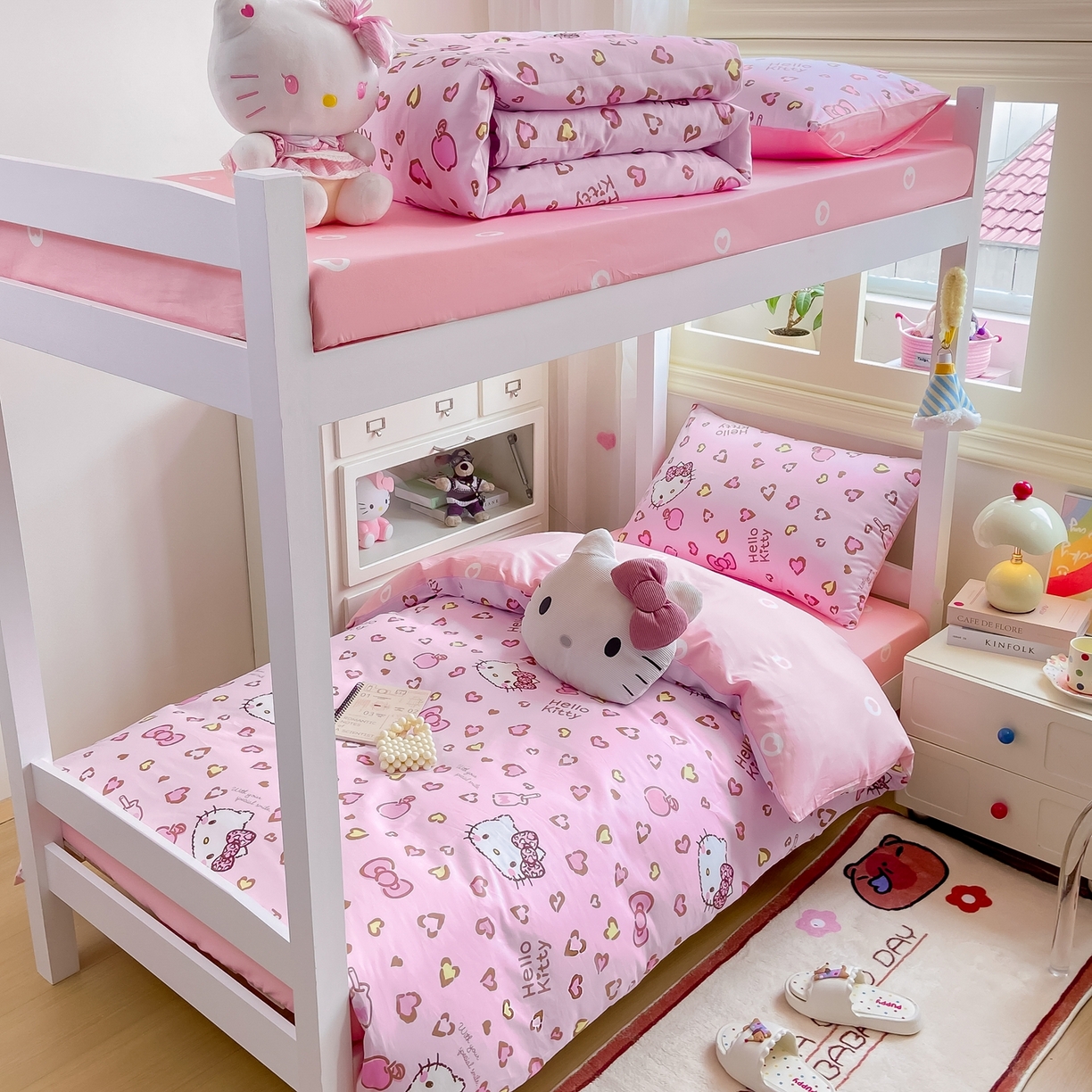 91家纺网 家纺一手货源 找家纺 博雅 2025春夏新款三丽鸥全棉纯棉卡通学生宿舍三件套上下铺三件套-小版 心心KT