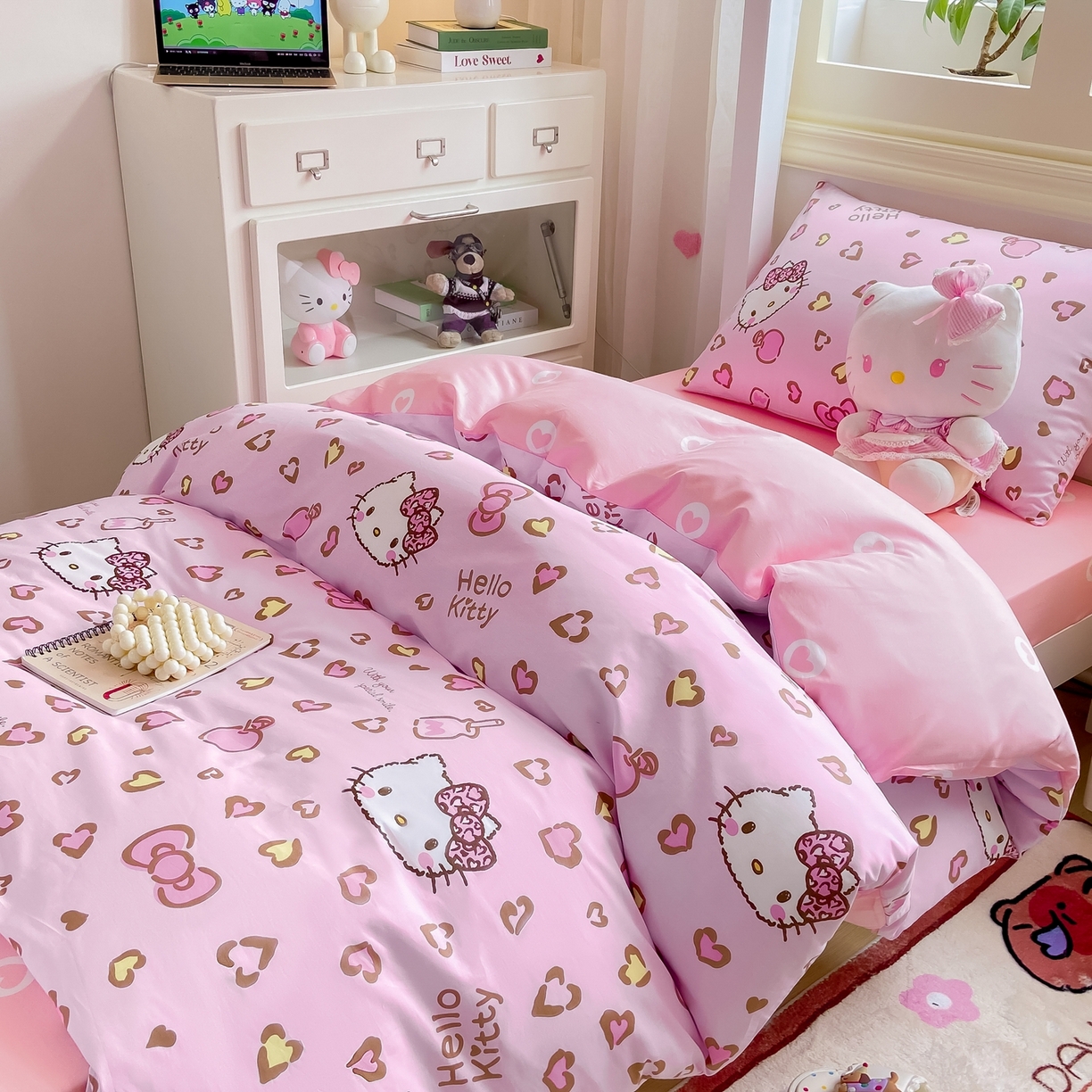 91家纺网 家纺一手货源 找家纺 博雅 2025春夏新款三丽鸥全棉纯棉卡通学生宿舍三件套上下铺三件套-小版 心心KT