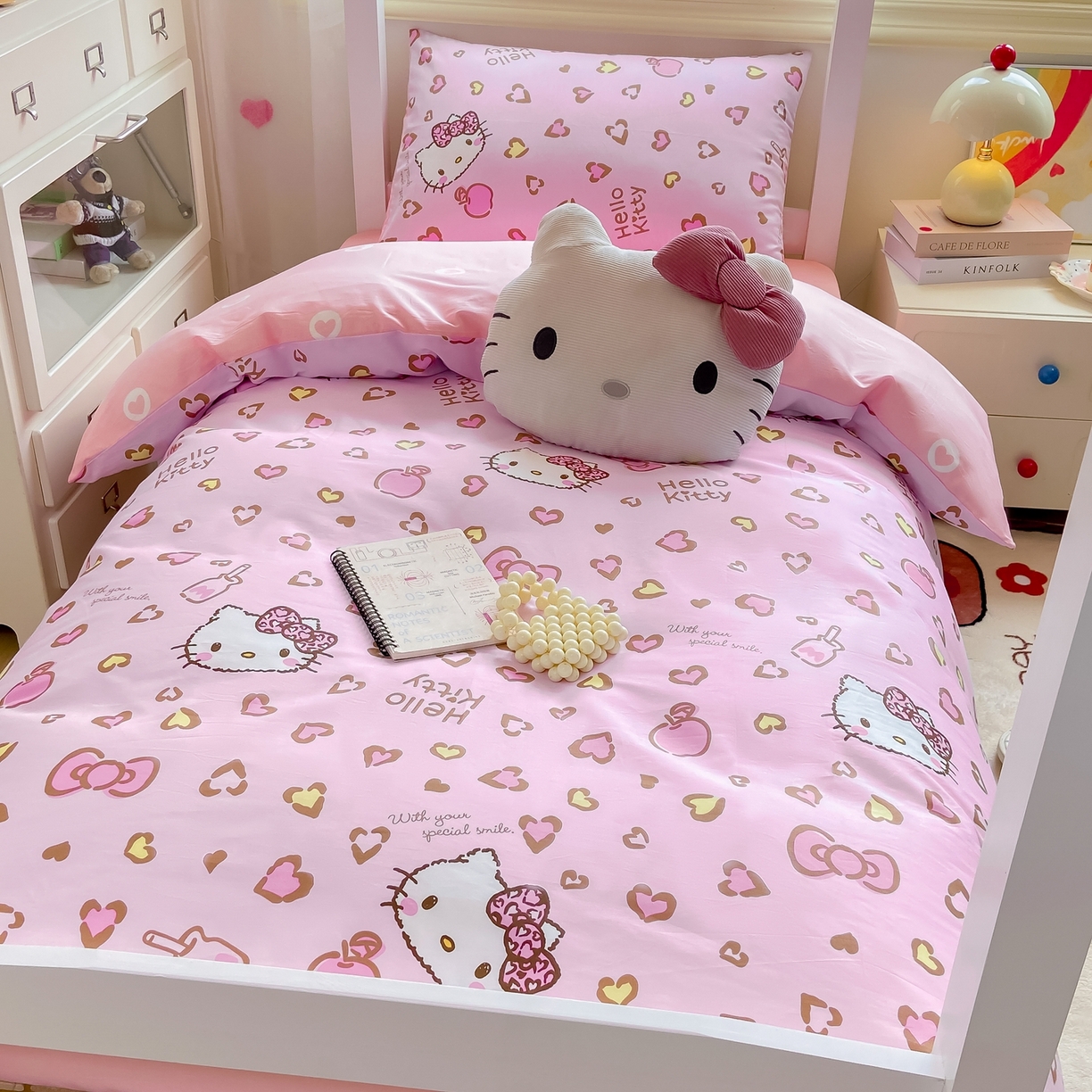 91家纺网 家纺一手货源 找家纺 博雅 2025春夏新款三丽鸥全棉纯棉卡通学生宿舍三件套上下铺三件套-小版 心心KT