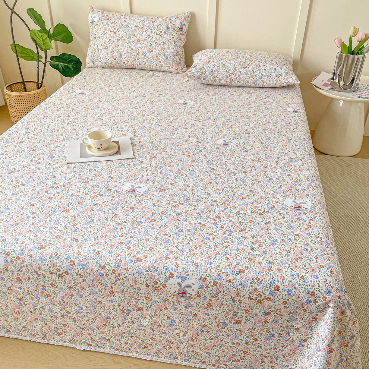 91家纺网 家纺一手货源 找家纺 金泰莱2025新款花边款老粗布床单 花语兔