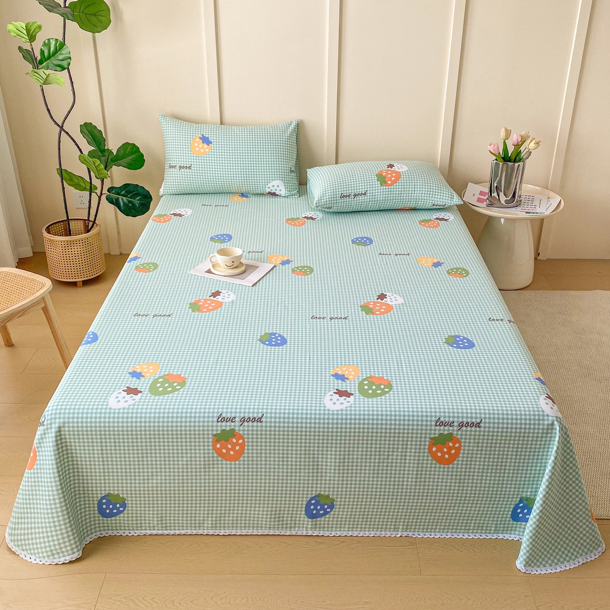 金泰莱2025新款花边款老粗布床单 绿梅果